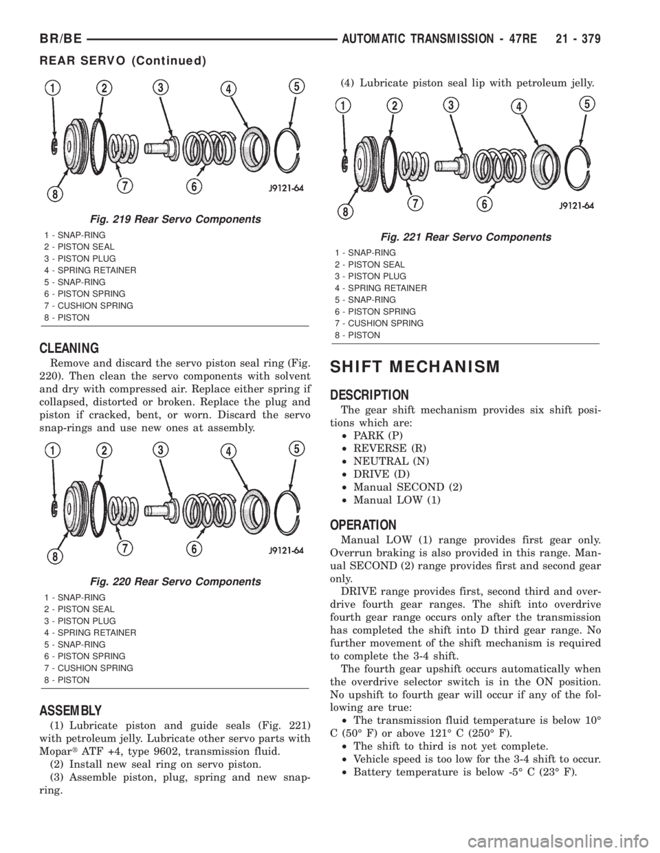 DODGE RAM 2002 Service Repair Manual CLEANING
Remove and discard the servo piston seal ring (Fig.
220). Then clean the servo components with solvent
and dry with compressed air. Replace either spring if
collapsed, distorted or broken. Re DODGE RAM 2002 Service Repair Manual CLEANING
Remove and discard the servo piston seal ring (Fig.
220). Then clean the servo components with solvent
and dry with compressed air. Replace either spring if
collapsed, distorted or broken. Re