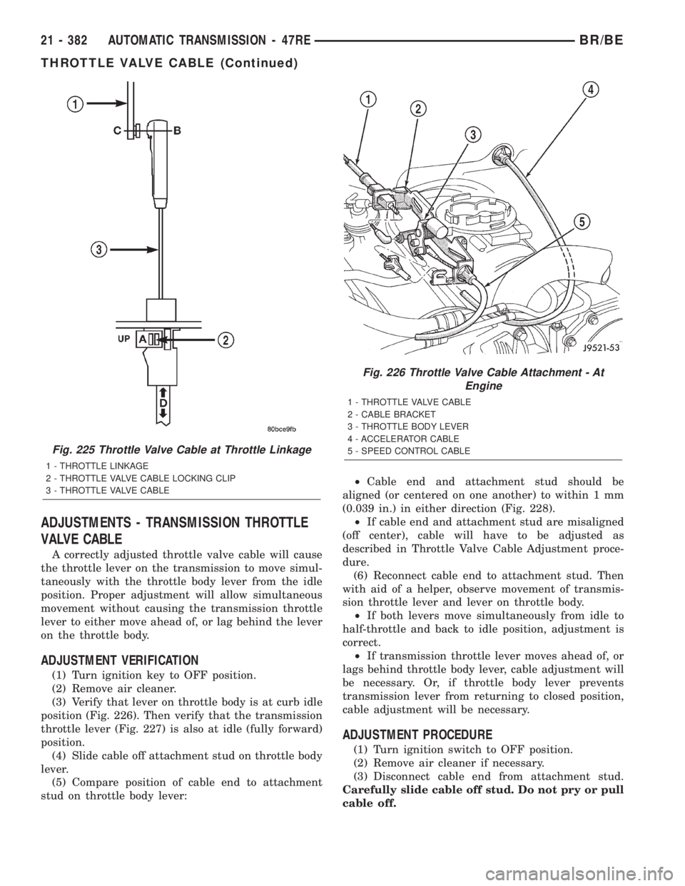 DODGE RAM 2002 Service Repair Manual ADJUSTMENTS - TRANSMISSION THROTTLE
VALVE CABLE
A correctly adjusted throttle valve cable will cause
the throttle lever on the transmission to move simul-
taneously with the throttle body lever from t DODGE RAM 2002 Service Repair Manual ADJUSTMENTS - TRANSMISSION THROTTLE
VALVE CABLE
A correctly adjusted throttle valve cable will cause
the throttle lever on the transmission to move simul-
taneously with the throttle body lever from t