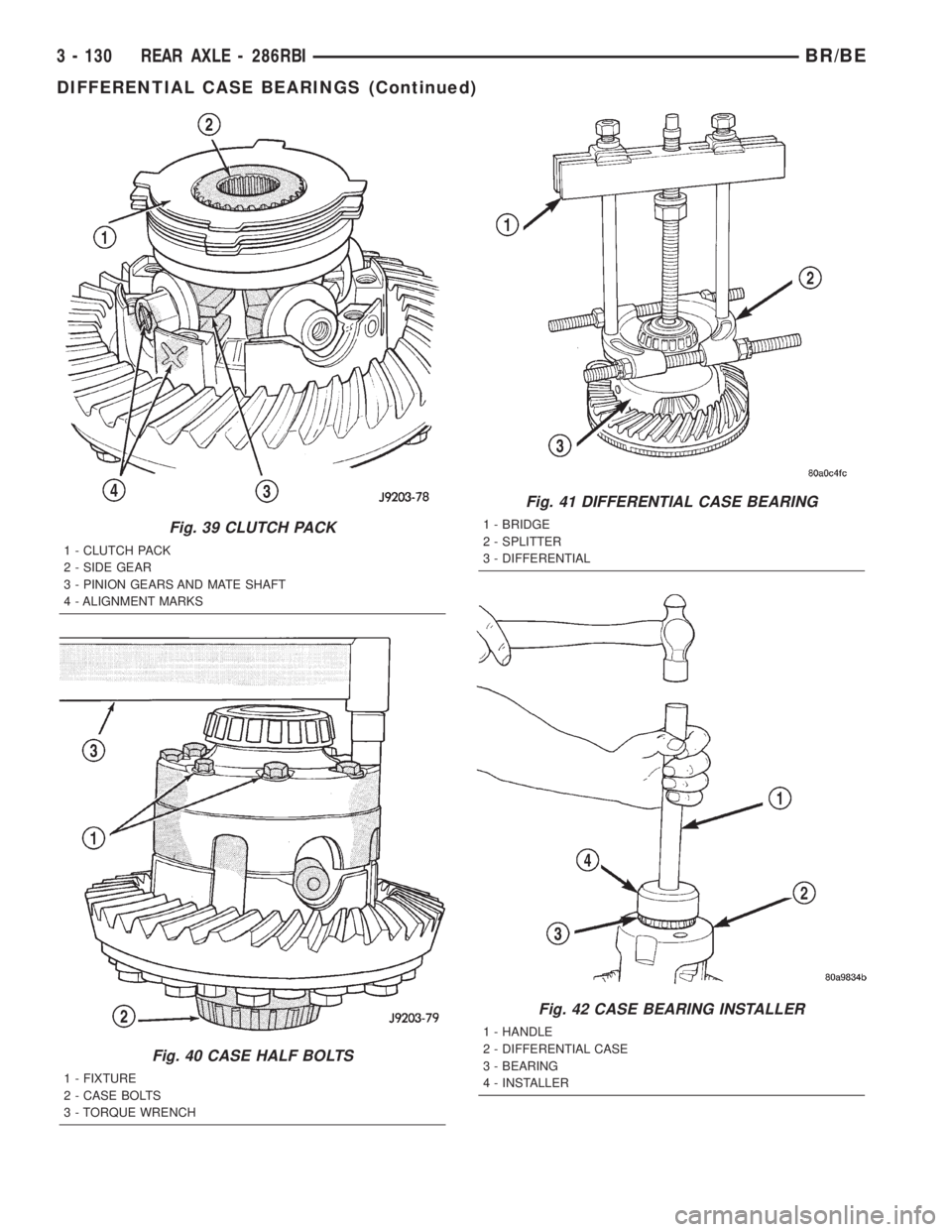 DODGE RAM 2002 Service Repair Manual Fig. 39 CLUTCH PACK
1 - CLUTCH PACK
2 - SIDE GEAR
3 - PINION GEARS AND MATE SHAFT
4 - ALIGNMENT MARKS
Fig. 40 CASE HALF BOLTS
1 - FIXTURE
2 - CASE BOLTS
3 - TORQUE WRENCH
Fig. 41 DIFFERENTIAL CASE BEA DODGE RAM 2002 Service Repair Manual Fig. 39 CLUTCH PACK
1 - CLUTCH PACK
2 - SIDE GEAR
3 - PINION GEARS AND MATE SHAFT
4 - ALIGNMENT MARKS
Fig. 40 CASE HALF BOLTS
1 - FIXTURE
2 - CASE BOLTS
3 - TORQUE WRENCH
Fig. 41 DIFFERENTIAL CASE BEA