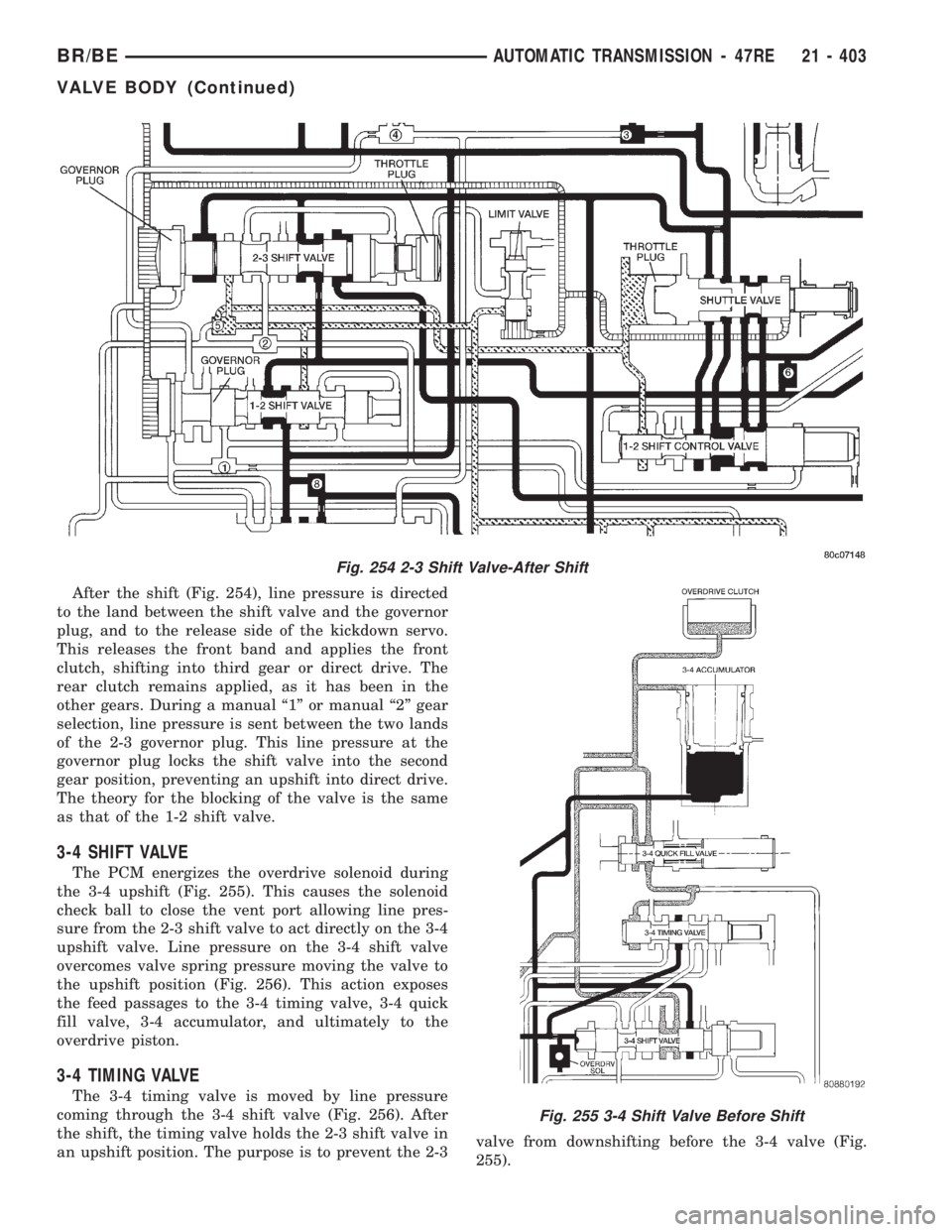 DODGE RAM 2002 Service Repair Manual After the shift (Fig. 254), line pressure is directed
to the land between the shift valve and the governor
plug, and to the release side of the kickdown servo.
This releases the front band and applies DODGE RAM 2002 Service Repair Manual After the shift (Fig. 254), line pressure is directed
to the land between the shift valve and the governor
plug, and to the release side of the kickdown servo.
This releases the front band and applies