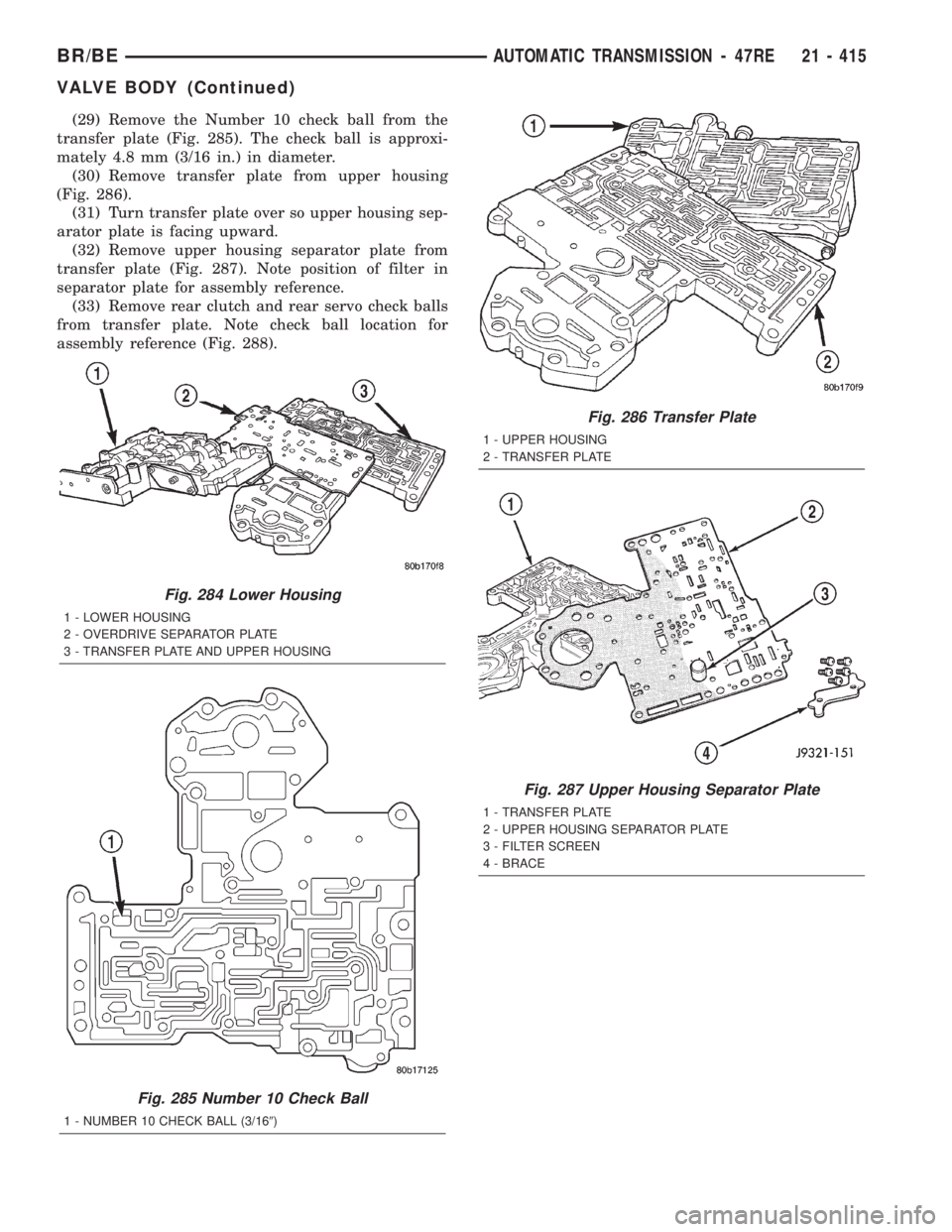 DODGE RAM 2002 Service Repair Manual (29) Remove the Number 10 check ball from the
transfer plate (Fig. 285). The check ball is approxi-
mately 4.8 mm (3/16 in.) in diameter.
(30) Remove transfer plate from upper housing
(Fig. 286).
(31) DODGE RAM 2002 Service Repair Manual (29) Remove the Number 10 check ball from the
transfer plate (Fig. 285). The check ball is approxi-
mately 4.8 mm (3/16 in.) in diameter.
(30) Remove transfer plate from upper housing
(Fig. 286).
(31)