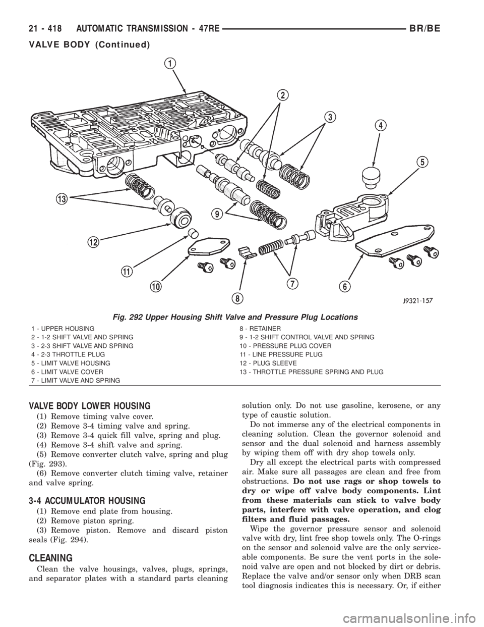 DODGE RAM 2002 Service Repair Manual VALVE BODY LOWER HOUSING
(1) Remove timing valve cover.
(2) Remove 3-4 timing valve and spring.
(3) Remove 3-4 quick fill valve, spring and plug.
(4) Remove 3-4 shift valve and spring.
(5) Remove conv DODGE RAM 2002 Service Repair Manual VALVE BODY LOWER HOUSING
(1) Remove timing valve cover.
(2) Remove 3-4 timing valve and spring.
(3) Remove 3-4 quick fill valve, spring and plug.
(4) Remove 3-4 shift valve and spring.
(5) Remove conv