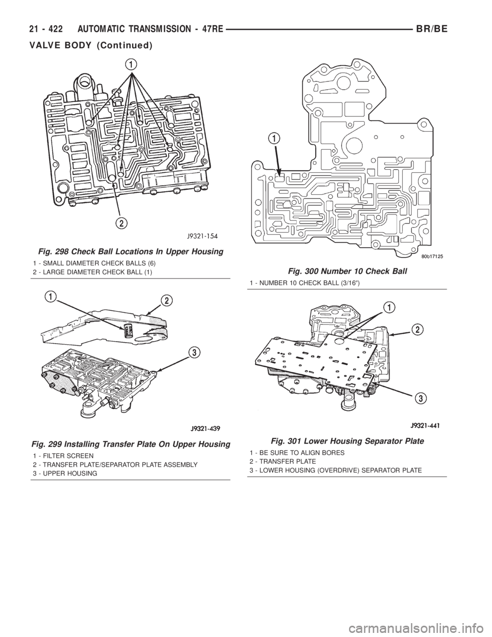 DODGE RAM 2002 Service Repair Manual Fig. 298 Check Ball Locations In Upper Housing
1 - SMALL DIAMETER CHECK BALLS (6)
2 - LARGE DIAMETER CHECK BALL (1)
Fig. 299 Installing Transfer Plate On Upper Housing
1 - FILTER SCREEN
2 - TRANSFER P DODGE RAM 2002 Service Repair Manual Fig. 298 Check Ball Locations In Upper Housing
1 - SMALL DIAMETER CHECK BALLS (6)
2 - LARGE DIAMETER CHECK BALL (1)
Fig. 299 Installing Transfer Plate On Upper Housing
1 - FILTER SCREEN
2 - TRANSFER P