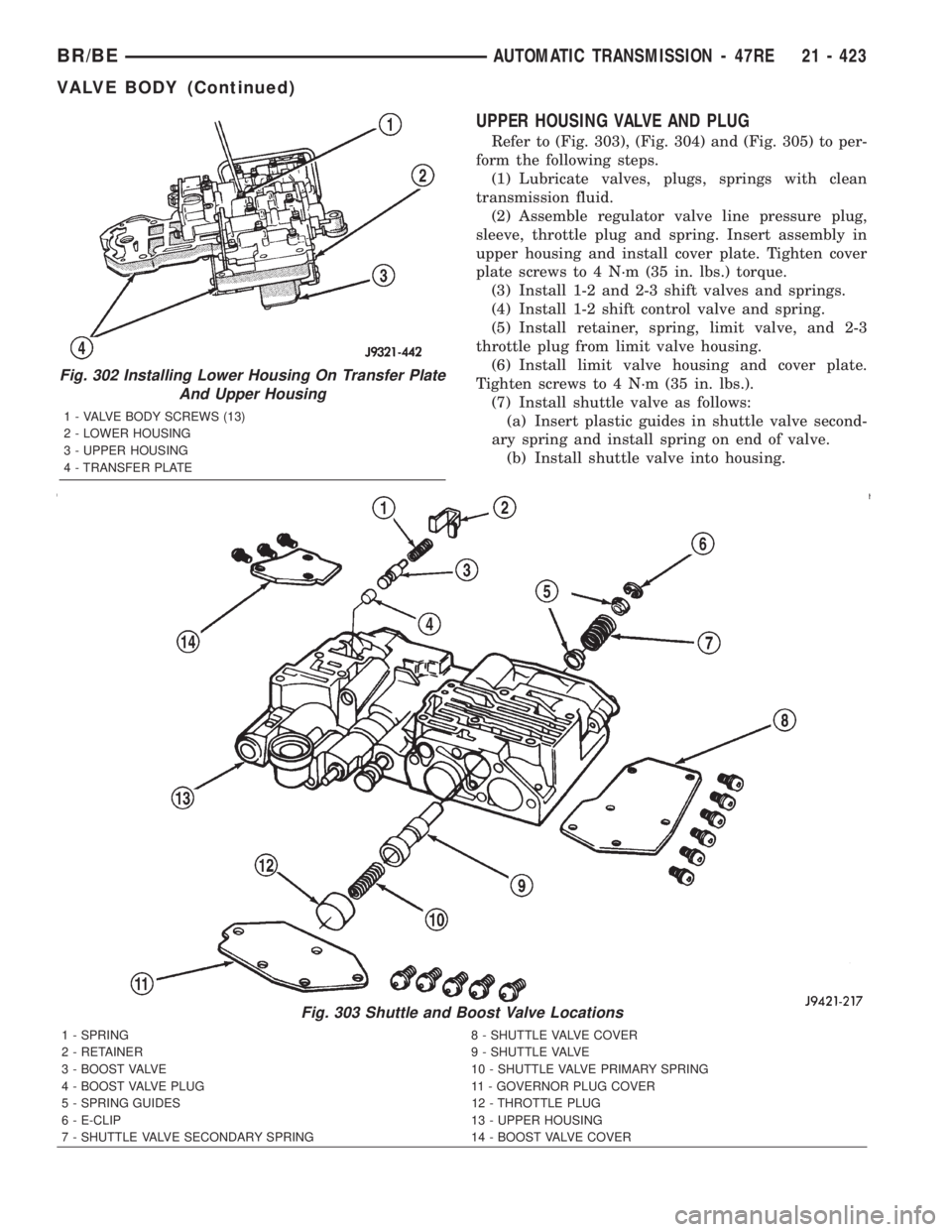 DODGE RAM 2002 Service Repair Manual UPPER HOUSING VALVE AND PLUG
Refer to (Fig. 303), (Fig. 304) and (Fig. 305) to per-
form the following steps.
(1) Lubricate valves, plugs, springs with clean
transmission fluid.
(2) Assemble regulator DODGE RAM 2002 Service Repair Manual UPPER HOUSING VALVE AND PLUG
Refer to (Fig. 303), (Fig. 304) and (Fig. 305) to per-
form the following steps.
(1) Lubricate valves, plugs, springs with clean
transmission fluid.
(2) Assemble regulator