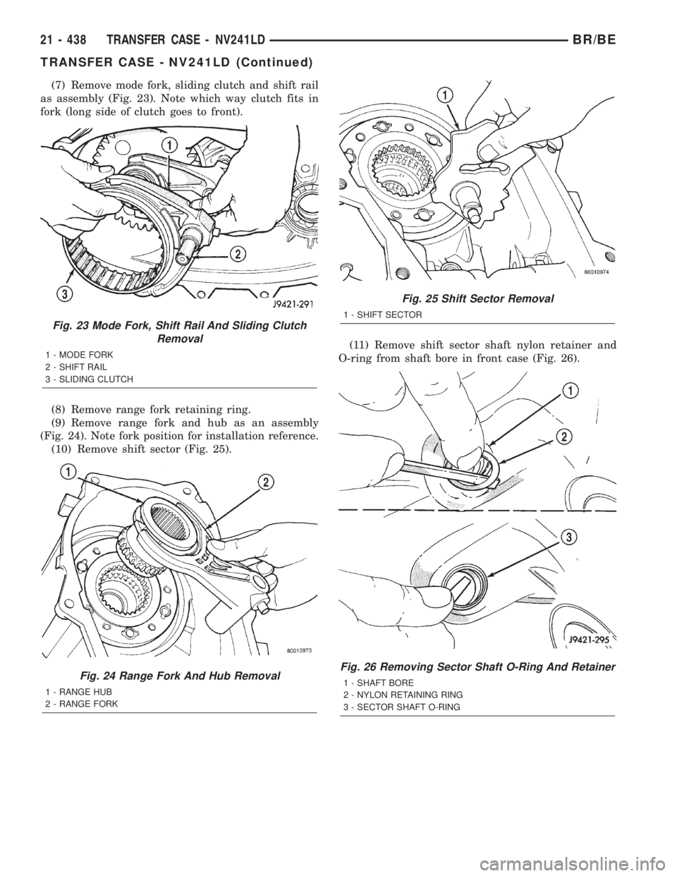 DODGE RAM 2002 Service Repair Manual (7) Remove mode fork, sliding clutch and shift rail
as assembly (Fig. 23). Note which way clutch fits in
fork (long side of clutch goes to front).
(8) Remove range fork retaining ring.
(9) Remove rang DODGE RAM 2002 Service Repair Manual (7) Remove mode fork, sliding clutch and shift rail
as assembly (Fig. 23). Note which way clutch fits in
fork (long side of clutch goes to front).
(8) Remove range fork retaining ring.
(9) Remove rang
