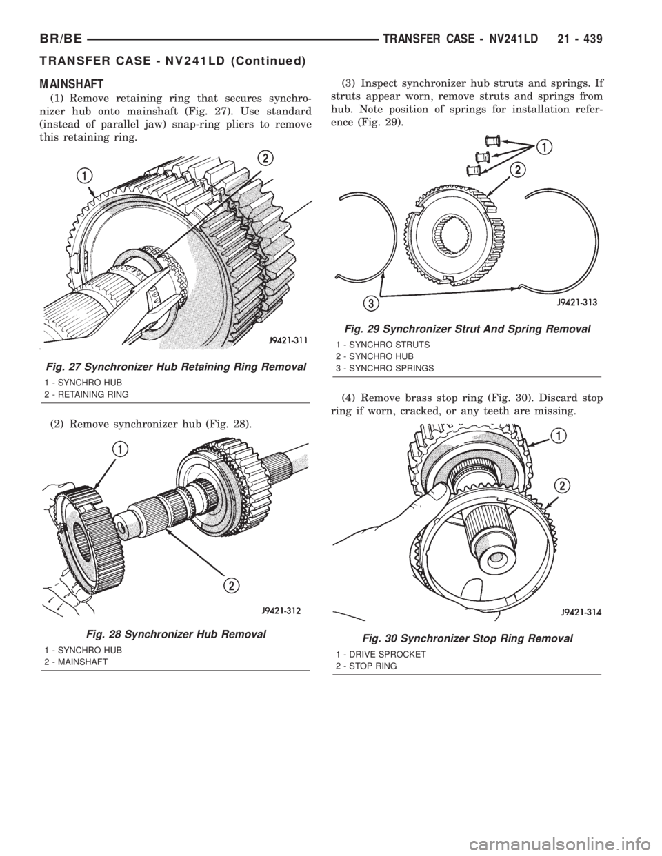 DODGE RAM 2002 Service Repair Manual MAINSHAFT
(1) Remove retaining ring that secures synchro-
nizer hub onto mainshaft (Fig. 27). Use standard
(instead of parallel jaw) snap-ring pliers to remove
this retaining ring.
(2) Remove synchron DODGE RAM 2002 Service Repair Manual MAINSHAFT
(1) Remove retaining ring that secures synchro-
nizer hub onto mainshaft (Fig. 27). Use standard
(instead of parallel jaw) snap-ring pliers to remove
this retaining ring.
(2) Remove synchron
