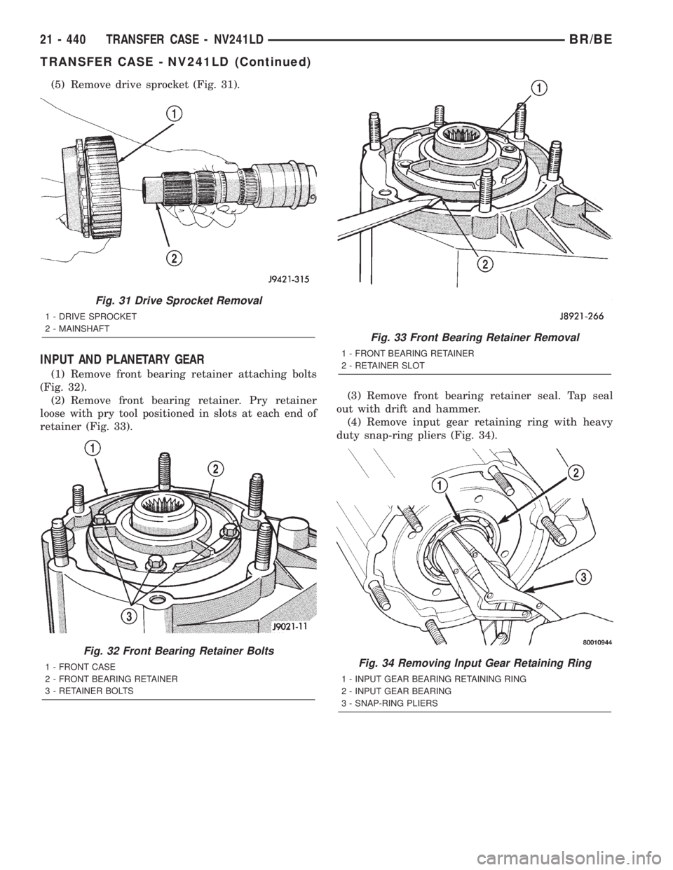 DODGE RAM 2002 Service Repair Manual (5) Remove drive sprocket (Fig. 31).
INPUT AND PLANETARY GEAR
(1) Remove front bearing retainer attaching bolts
(Fig. 32).
(2) Remove front bearing retainer. Pry retainer
loose with pry tool positione DODGE RAM 2002 Service Repair Manual (5) Remove drive sprocket (Fig. 31).
INPUT AND PLANETARY GEAR
(1) Remove front bearing retainer attaching bolts
(Fig. 32).
(2) Remove front bearing retainer. Pry retainer
loose with pry tool positione