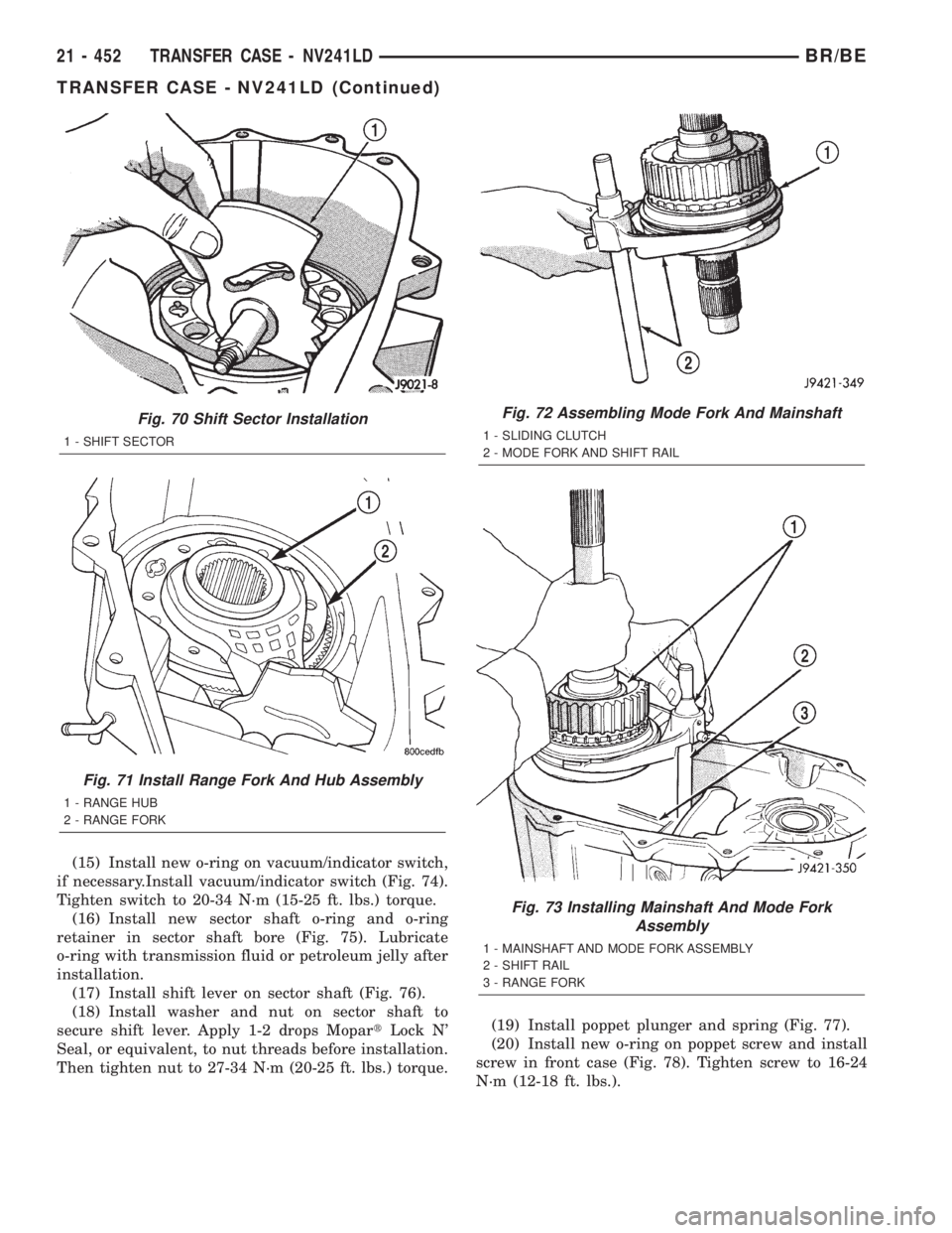 DODGE RAM 2002 Service Repair Manual (15) Install new o-ring on vacuum/indicator switch,
if necessary.Install vacuum/indicator switch (Fig. 74).
Tighten switch to 20-34 N´m (15-25 ft. lbs.) torque.
(16) Install new sector shaft o-ring a DODGE RAM 2002 Service Repair Manual (15) Install new o-ring on vacuum/indicator switch,
if necessary.Install vacuum/indicator switch (Fig. 74).
Tighten switch to 20-34 N´m (15-25 ft. lbs.) torque.
(16) Install new sector shaft o-ring a