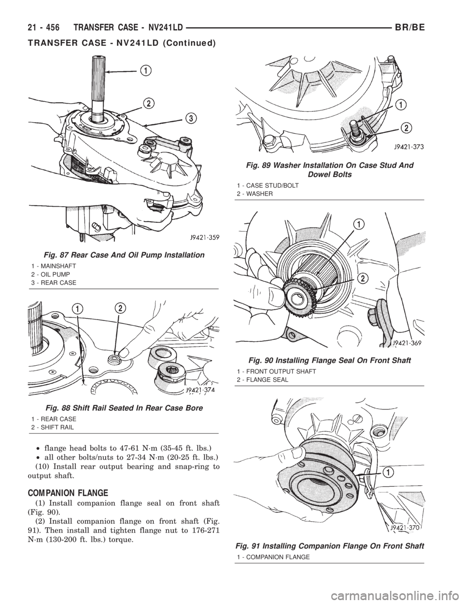 DODGE RAM 2002 Service Repair Manual ²flange head bolts to 47-61 N´m (35-45 ft. lbs.)
²all other bolts/nuts to 27-34 N´m (20-25 ft. lbs.)
(10) Install rear output bearing and snap-ring to
output shaft.
COMPANION FLANGE
(1) Install co DODGE RAM 2002 Service Repair Manual ²flange head bolts to 47-61 N´m (35-45 ft. lbs.)
²all other bolts/nuts to 27-34 N´m (20-25 ft. lbs.)
(10) Install rear output bearing and snap-ring to
output shaft.
COMPANION FLANGE
(1) Install co
