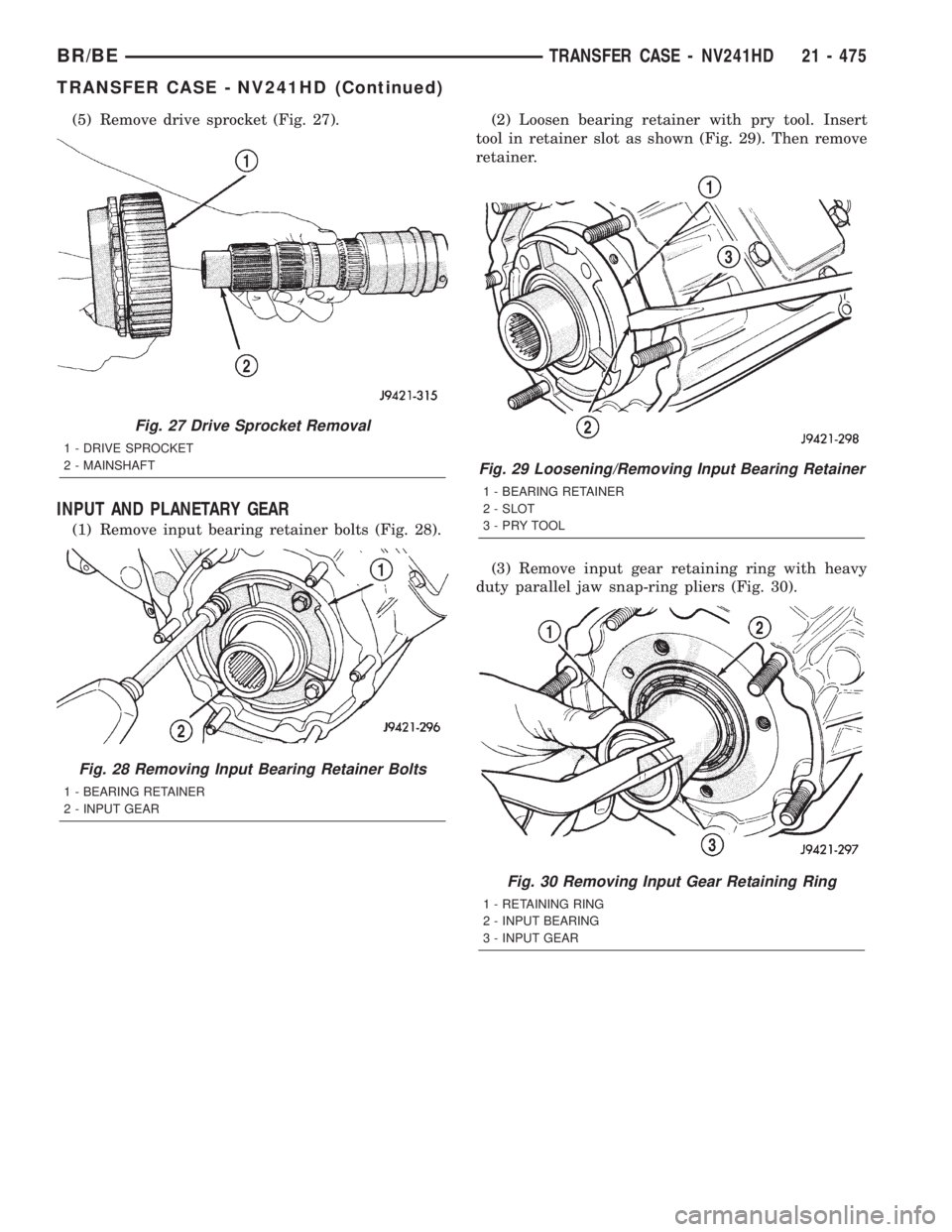 DODGE RAM 2002 Service Repair Manual (5) Remove drive sprocket (Fig. 27).
INPUT AND PLANETARY GEAR
(1) Remove input bearing retainer bolts (Fig. 28).(2) Loosen bearing retainer with pry tool. Insert
tool in retainer slot as shown (Fig. 2 DODGE RAM 2002 Service Repair Manual (5) Remove drive sprocket (Fig. 27).
INPUT AND PLANETARY GEAR
(1) Remove input bearing retainer bolts (Fig. 28).(2) Loosen bearing retainer with pry tool. Insert
tool in retainer slot as shown (Fig. 2