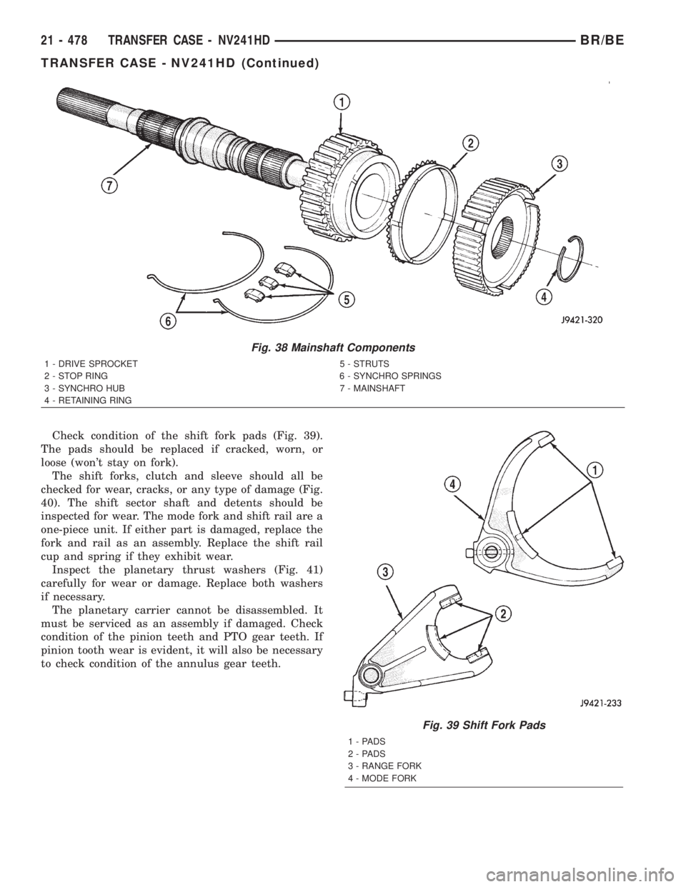 DODGE RAM 2002  Service Repair Manual Check condition of the shift fork pads (Fig. 39).
The pads should be replaced if cracked, worn, or
loose (wont stay on fork).
The shift forks, clutch and sleeve should all be
checked for wear, cracks