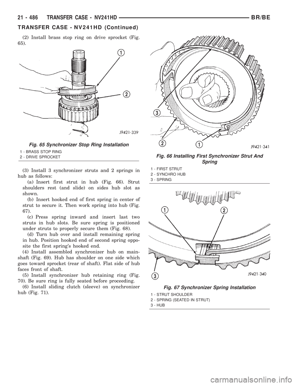 DODGE RAM 2002  Service Repair Manual (2) Install brass stop ring on drive sprocket (Fig.
65).
(3) Install 3 synchronizer struts and 2 springs in
hub as follows:
(a) Insert first strut in hub (Fig. 66). Strut
shoulders rest (and slide) on