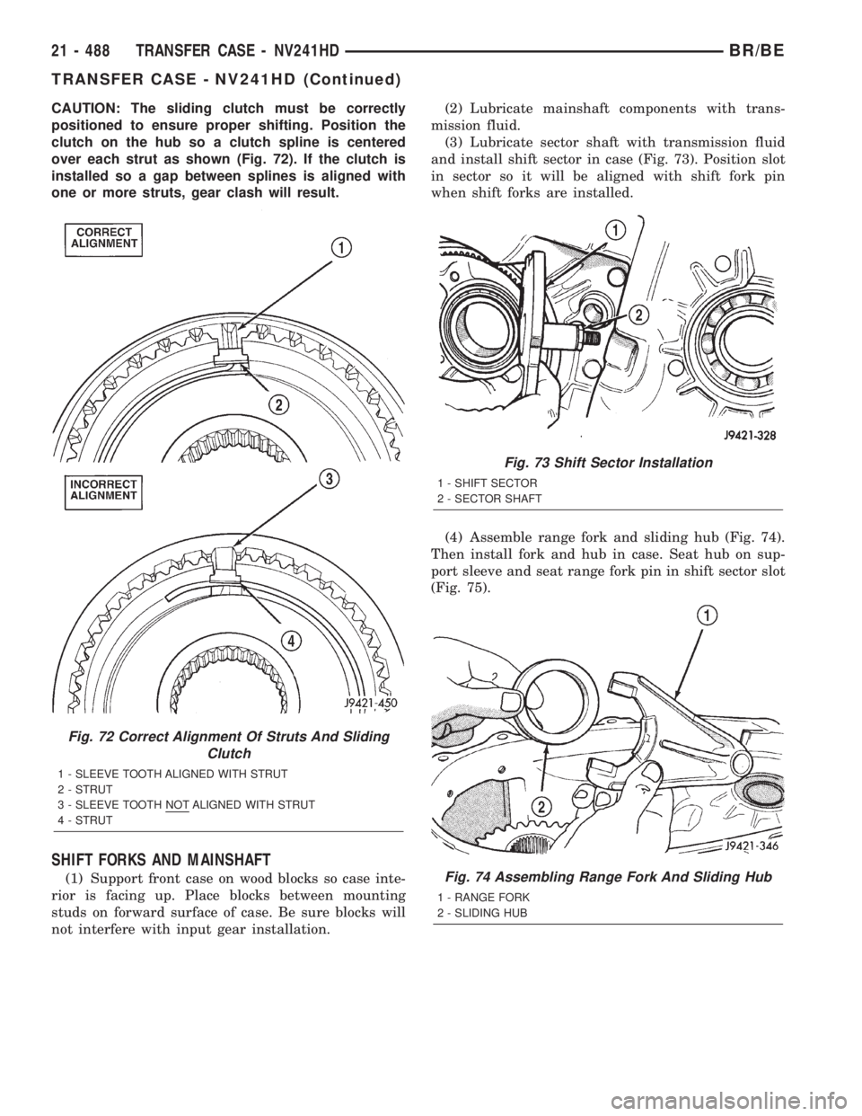 DODGE RAM 2002  Service Repair Manual CAUTION: The sliding clutch must be correctly
positioned to ensure proper shifting. Position the
clutch on the hub so a clutch spline is centered
over each strut as shown (Fig. 72). If the clutch is
i