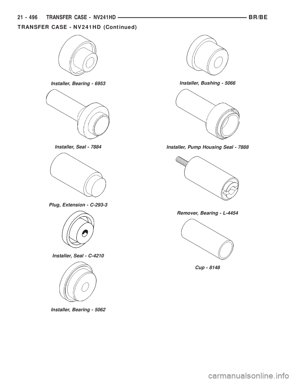 DODGE RAM 2002  Service Repair Manual Installer, Bearing - 6953
Installer, Seal - 7884
Plug, Extension - C-293-3
Installer, Seal - C-4210
Installer, Bearing - 5062
Installer, Bushing - 5066
Installer, Pump Housing Seal - 7888
Remover, Bea