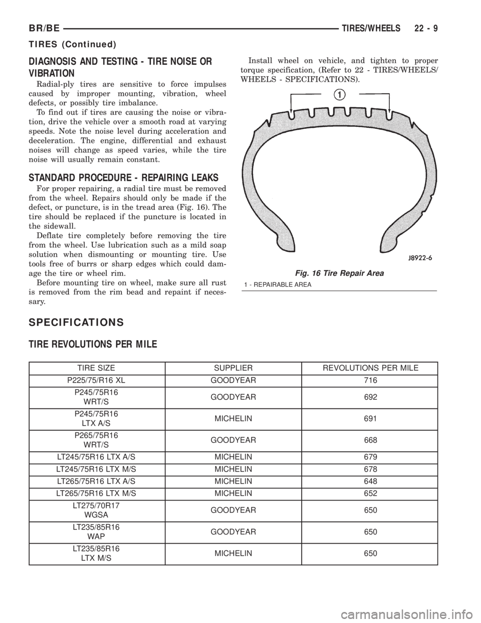 DODGE RAM 2002  Service Repair Manual DIAGNOSIS AND TESTING - TIRE NOISE OR
VIBRATION
Radial-ply tires are sensitive to force impulses
caused by improper mounting, vibration, wheel
defects, or possibly tire imbalance.
To find out if tires