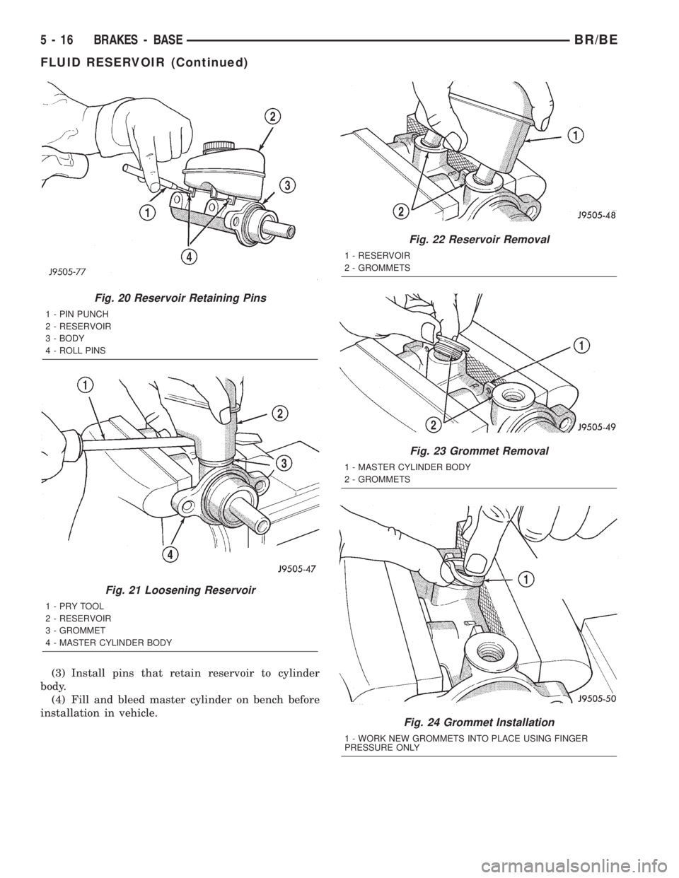 DODGE RAM 2002 Service Repair Manual (3) Install pins that retain reservoir to cylinder
body.
(4) Fill and bleed master cylinder on bench before
installation in vehicle.
Fig. 20 Reservoir Retaining Pins
1 - PIN PUNCH
2 - RESERVOIR
3 - BO DODGE RAM 2002 Service Repair Manual (3) Install pins that retain reservoir to cylinder
body.
(4) Fill and bleed master cylinder on bench before
installation in vehicle.
Fig. 20 Reservoir Retaining Pins
1 - PIN PUNCH
2 - RESERVOIR
3 - BO