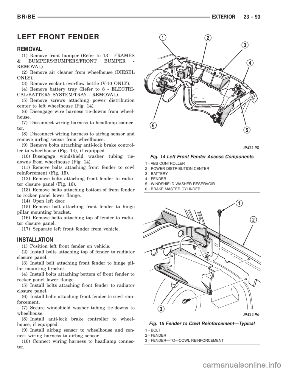 DODGE RAM 2002 Service Repair Manual LEFT FRONT FENDER
REMOVAL
(1) Remove front bumper (Refer to 13 - FRAMES
& BUMPERS/BUMPERS/FRONT BUMPER -
REMOVAL).
(2) Remove air cleaner from wheelhouse (DIESEL
ONLY).
(3) Remove coolant overflow bot DODGE RAM 2002 Service Repair Manual LEFT FRONT FENDER
REMOVAL
(1) Remove front bumper (Refer to 13 - FRAMES
& BUMPERS/BUMPERS/FRONT BUMPER -
REMOVAL).
(2) Remove air cleaner from wheelhouse (DIESEL
ONLY).
(3) Remove coolant overflow bot