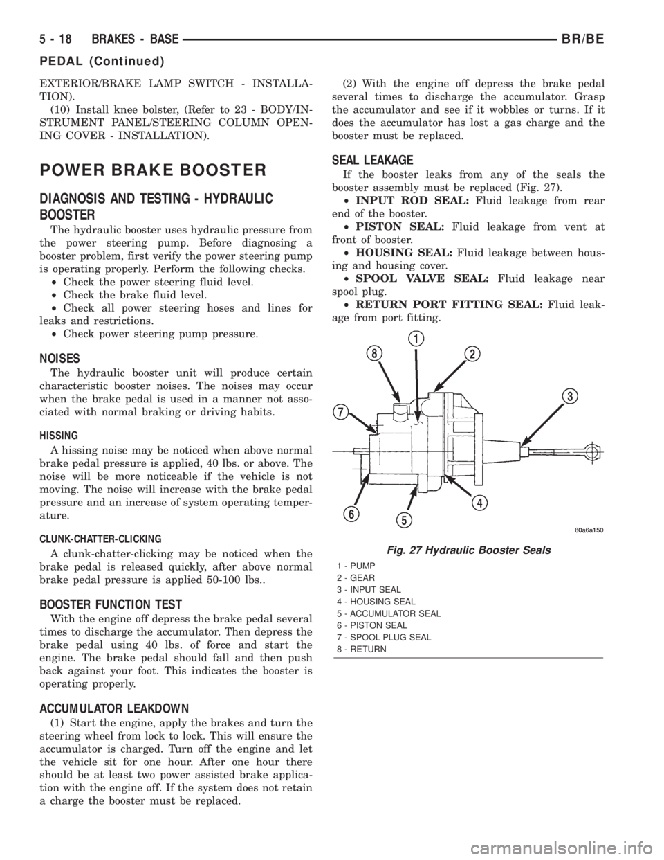 DODGE RAM 2002 Service User Guide EXTERIOR/BRAKE LAMP SWITCH - INSTALLA-
TION).
(10) Install knee bolster, (Refer to 23 - BODY/IN-
STRUMENT PANEL/STEERING COLUMN OPEN-
ING COVER - INSTALLATION).
POWER BRAKE BOOSTER
DIAGNOSIS AND TESTI DODGE RAM 2002 Service User Guide EXTERIOR/BRAKE LAMP SWITCH - INSTALLA-
TION).
(10) Install knee bolster, (Refer to 23 - BODY/IN-
STRUMENT PANEL/STEERING COLUMN OPEN-
ING COVER - INSTALLATION).
POWER BRAKE BOOSTER
DIAGNOSIS AND TESTI
