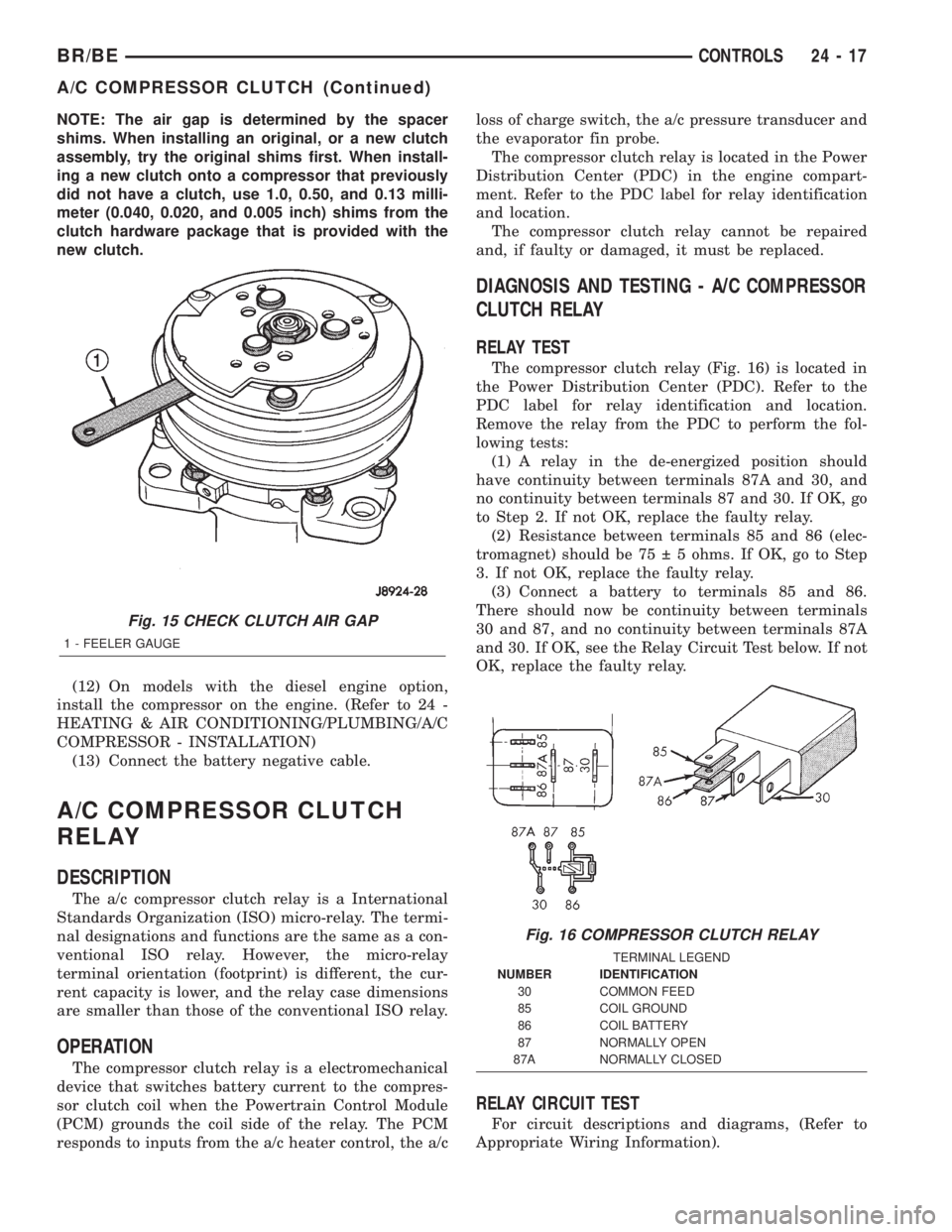 DODGE RAM 2002  Service Repair Manual NOTE: The air gap is determined by the spacer
shims. When installing an original, or a new clutch
assembly, try the original shims first. When install-
ing a new clutch onto a compressor that previous