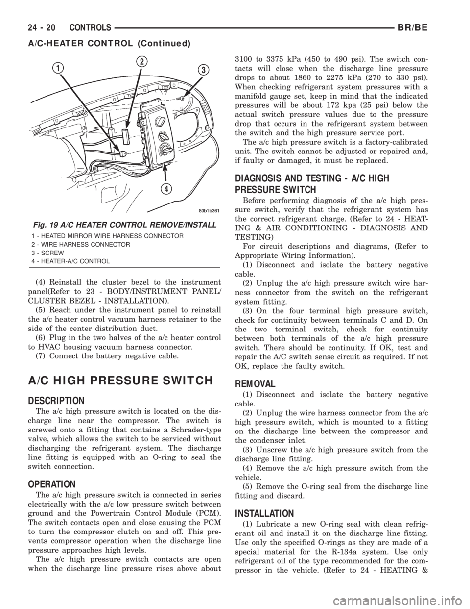 DODGE RAM 2002  Service Repair Manual (4) Reinstall the cluster bezel to the instrument
panel(Refer to 23 - BODY/INSTRUMENT PANEL/
CLUSTER BEZEL - INSTALLATION).
(5) Reach under the instrument panel to reinstall
the a/c heater control vac