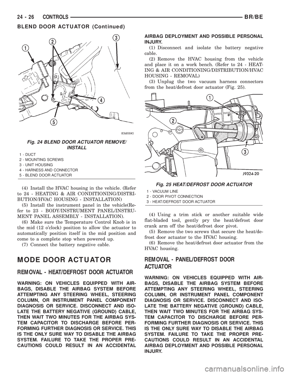 DODGE RAM 2002  Service Repair Manual (4) Install the HVAC housing in the vehicle. (Refer
to 24 - HEATING & AIR CONDITIONING/DISTRI-
BUTION/HVAC HOUSING - INSTALLATION)
(5) Install the instrument panel in the vehicle(Re-
fer to 23 - BODY/