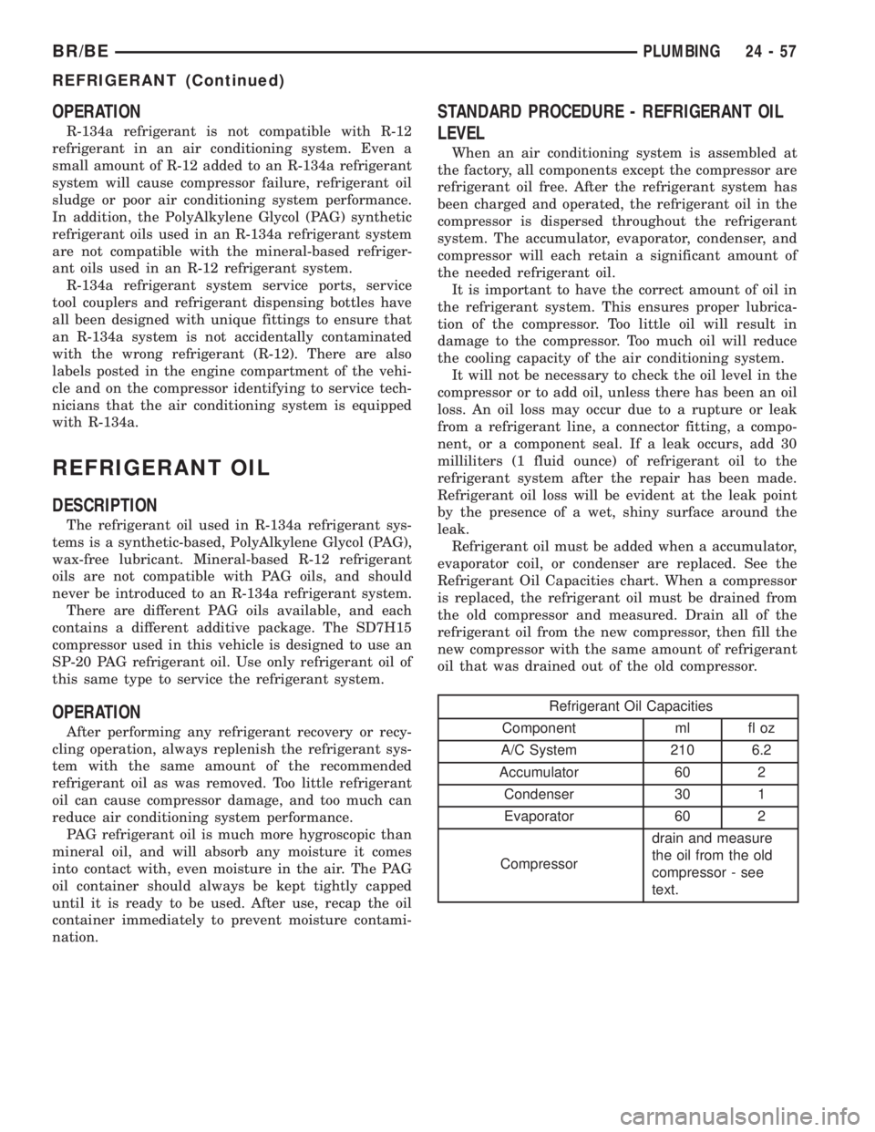 DODGE RAM 2002  Service Repair Manual OPERATION
R-134a refrigerant is not compatible with R-12
refrigerant in an air conditioning system. Even a
small amount of R-12 added to an R-134a refrigerant
system will cause compressor failure, ref
