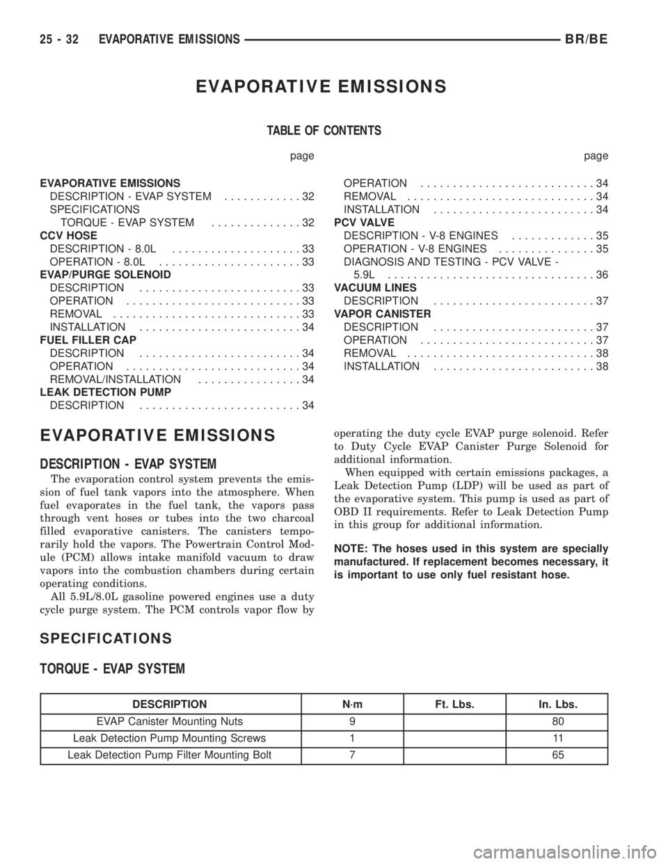 DODGE RAM 2002  Service Repair Manual EVAPORATIVE EMISSIONS
TABLE OF CONTENTS
page page
EVAPORATIVE EMISSIONS
DESCRIPTION - EVAP SYSTEM............32
SPECIFICATIONS
TORQUE - EVAP SYSTEM..............32
CCV HOSE
DESCRIPTION - 8.0L.........