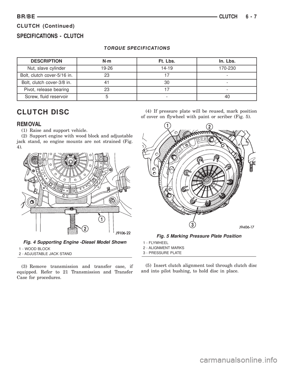 DODGE RAM 2002 Service Repair Manual SPECIFICATIONS - CLUTCH
TORQUE SPECIFICATIONS
DESCRIPTION N´m Ft. Lbs. In. Lbs.
Nut, slave cylinder 19-26 14-19 170-230
Bolt, clutch cover-5/16 in. 23 17 -
Bolt, clutch cover-3/8 in. 41 30 -
Pivot, r DODGE RAM 2002 Service Repair Manual SPECIFICATIONS - CLUTCH
TORQUE SPECIFICATIONS
DESCRIPTION N´m Ft. Lbs. In. Lbs.
Nut, slave cylinder 19-26 14-19 170-230
Bolt, clutch cover-5/16 in. 23 17 -
Bolt, clutch cover-3/8 in. 41 30 -
Pivot, r