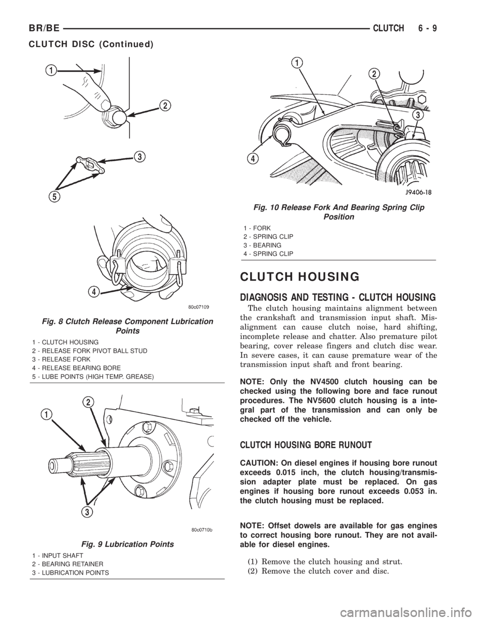 DODGE RAM 2002 Service User Guide CLUTCH HOUSING
DIAGNOSIS AND TESTING - CLUTCH HOUSING
The clutch housing maintains alignment between
the crankshaft and transmission input shaft. Mis-
alignment can cause clutch noise, hard shifting,
DODGE RAM 2002 Service User Guide CLUTCH HOUSING
DIAGNOSIS AND TESTING - CLUTCH HOUSING
The clutch housing maintains alignment between
the crankshaft and transmission input shaft. Mis-
alignment can cause clutch noise, hard shifting,