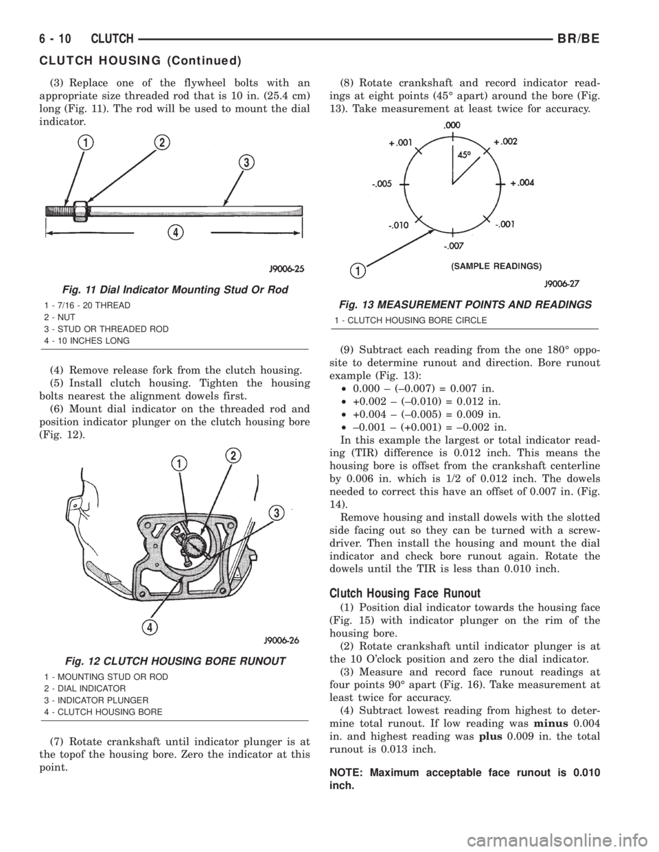 DODGE RAM 2002 Service Repair Manual (3) Replace one of the flywheel bolts with an
appropriate size threaded rod that is 10 in. (25.4 cm)
long (Fig. 11). The rod will be used to mount the dial
indicator.
(4) Remove release fork from the DODGE RAM 2002 Service Repair Manual (3) Replace one of the flywheel bolts with an
appropriate size threaded rod that is 10 in. (25.4 cm)
long (Fig. 11). The rod will be used to mount the dial
indicator.
(4) Remove release fork from the