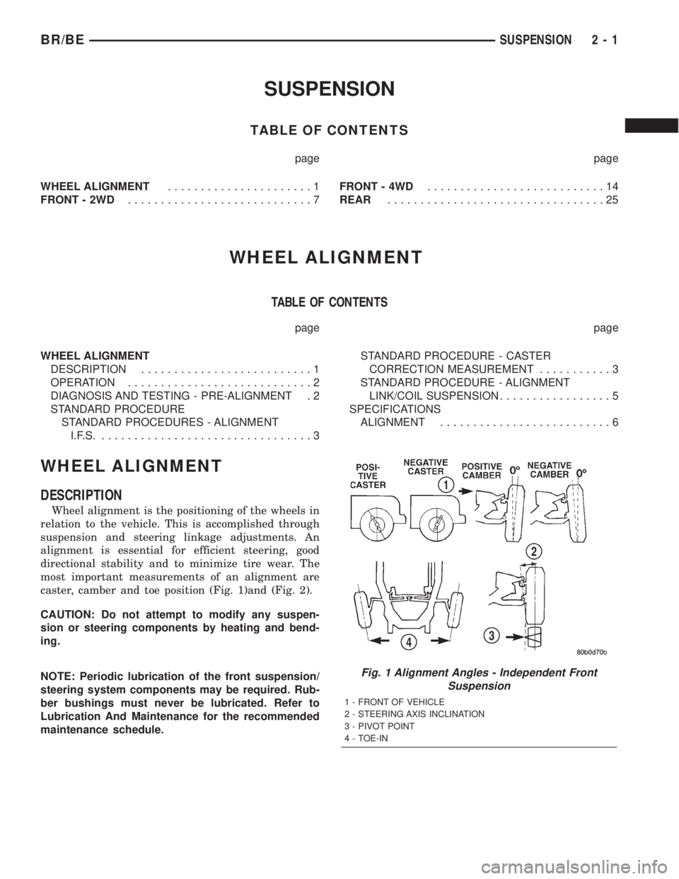 DODGE RAM 2002 Service Repair Manual SUSPENSION
TABLE OF CONTENTS
page page
WHEEL ALIGNMENT......................1
FRONT - 2WD............................7FRONT - 4WD...........................14
REAR.................................25
W DODGE RAM 2002 Service Repair Manual SUSPENSION
TABLE OF CONTENTS
page page
WHEEL ALIGNMENT......................1
FRONT - 2WD............................7FRONT - 4WD...........................14
REAR.................................25
W