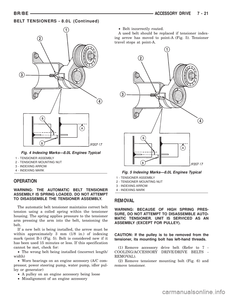 DODGE RAM 2002  Service Repair Manual OPERATION
WARNING: THE AUTOMATIC BELT TENSIONER
ASSEMBLY IS SPRING LOADED. DO NOT ATTEMPT
TO DISASSEMBLE THE TENSIONER ASSEMBLY.
The automatic belt tensioner maintains correct belt
tension using a coi