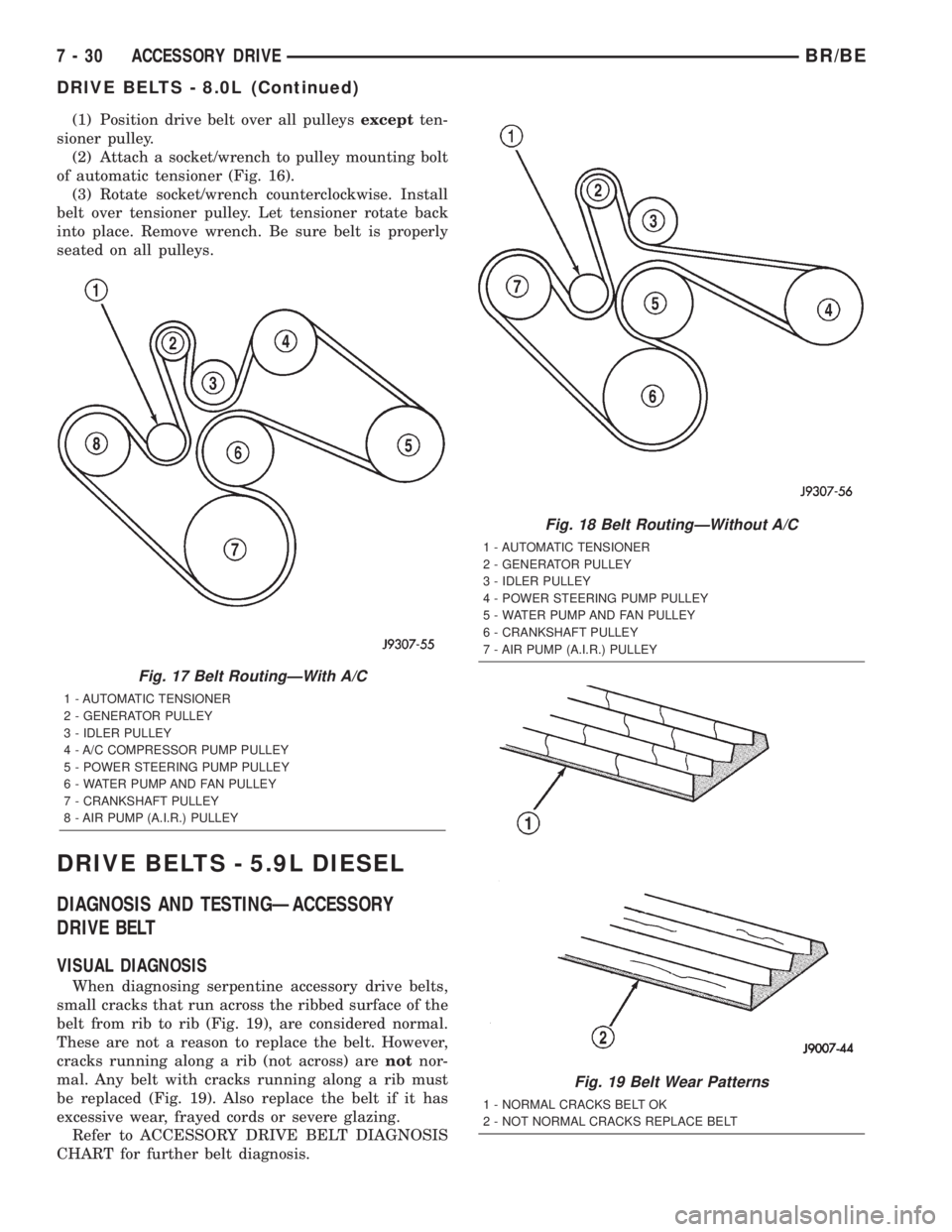 DODGE RAM 2002 Service Owners Manual (1) Position drive belt over all pulleysexceptten-
sioner pulley.
(2) Attach a socket/wrench to pulley mounting bolt
of automatic tensioner (Fig. 16).
(3) Rotate socket/wrench counterclockwise. Instal DODGE RAM 2002 Service Owners Manual (1) Position drive belt over all pulleysexceptten-
sioner pulley.
(2) Attach a socket/wrench to pulley mounting bolt
of automatic tensioner (Fig. 16).
(3) Rotate socket/wrench counterclockwise. Instal