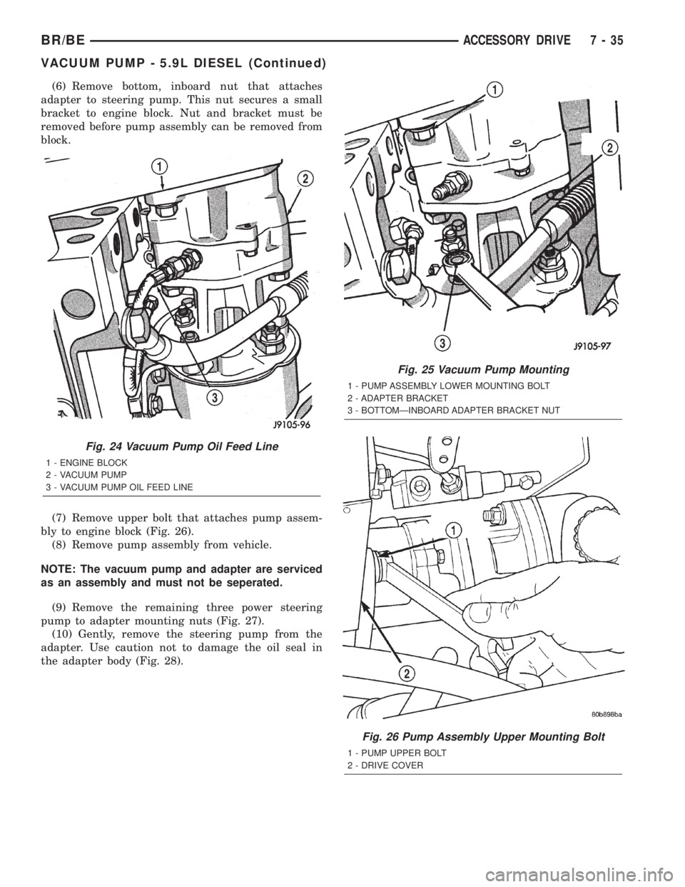 DODGE RAM 2002 Service Repair Manual (6) Remove bottom, inboard nut that attaches
adapter to steering pump. This nut secures a small
bracket to engine block. Nut and bracket must be
removed before pump assembly can be removed from
block. DODGE RAM 2002 Service Repair Manual (6) Remove bottom, inboard nut that attaches
adapter to steering pump. This nut secures a small
bracket to engine block. Nut and bracket must be
removed before pump assembly can be removed from
block.