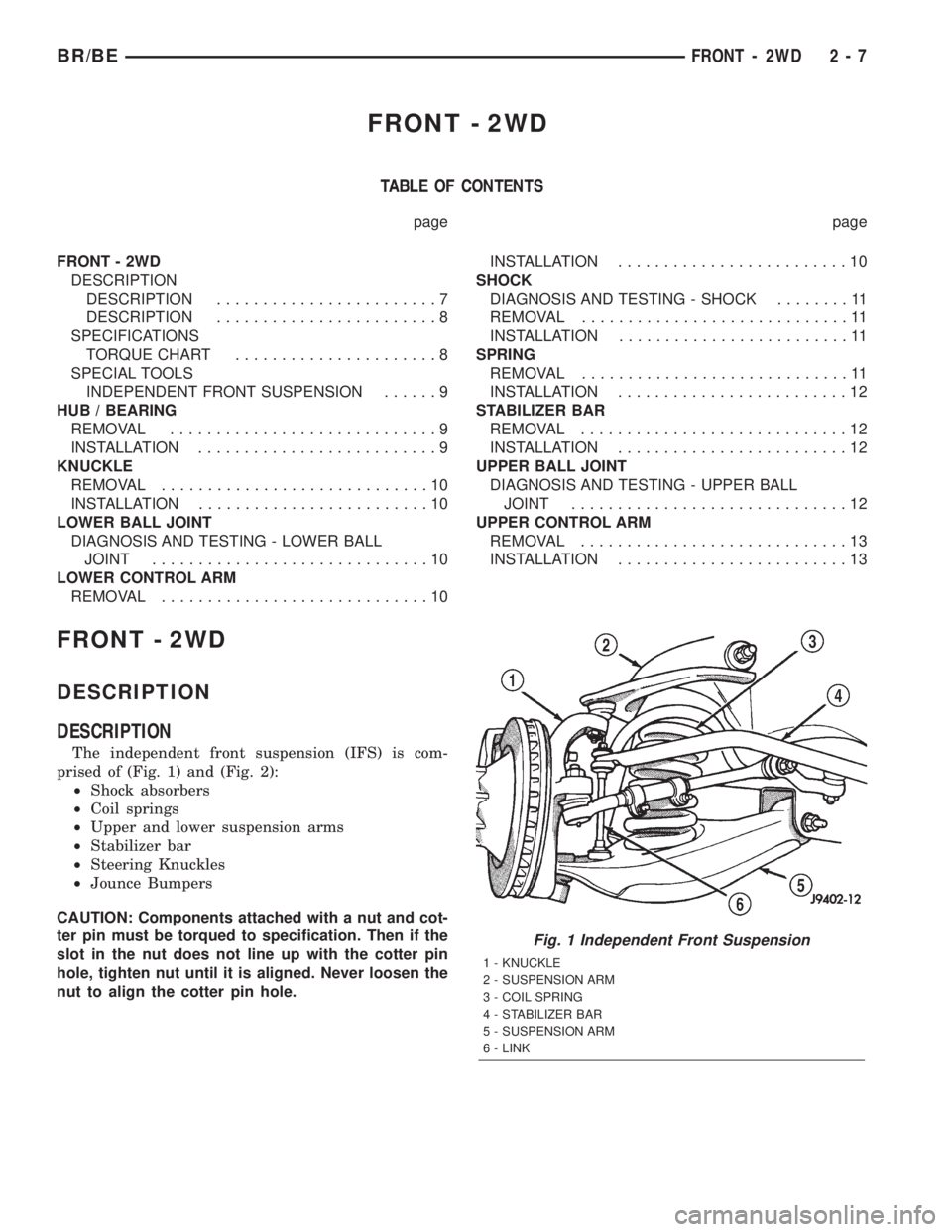 DODGE RAM 2002 Service Owners Guide FRONT - 2WD
TABLE OF CONTENTS
page page
FRONT - 2WD
DESCRIPTION
DESCRIPTION........................7
DESCRIPTION........................8
SPECIFICATIONS
TORQUE CHART......................8
SPECIAL TOO DODGE RAM 2002 Service Owners Guide FRONT - 2WD
TABLE OF CONTENTS
page page
FRONT - 2WD
DESCRIPTION
DESCRIPTION........................7
DESCRIPTION........................8
SPECIFICATIONS
TORQUE CHART......................8
SPECIAL TOO