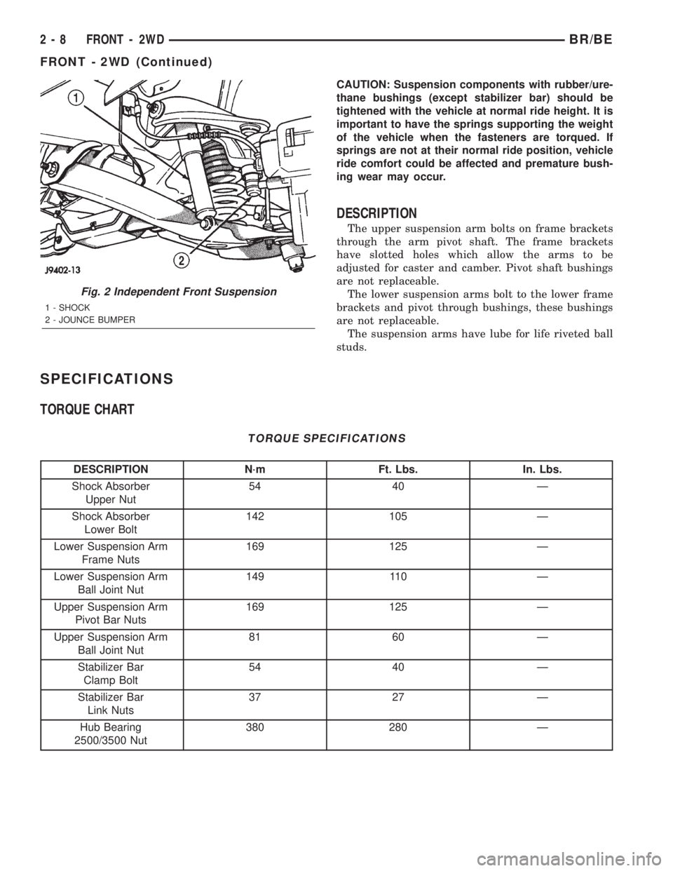 DODGE RAM 2002 Service Owners Guide CAUTION: Suspension components with rubber/ure-
thane bushings (except stabilizer bar) should be
tightened with the vehicle at normal ride height. It is
important to have the springs supporting the we DODGE RAM 2002 Service Owners Guide CAUTION: Suspension components with rubber/ure-
thane bushings (except stabilizer bar) should be
tightened with the vehicle at normal ride height. It is
important to have the springs supporting the we
