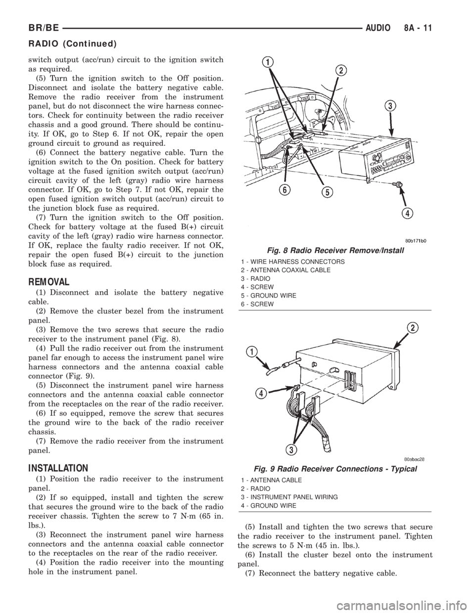 DODGE RAM 2002 Service Repair Manual switch output (acc/run) circuit to the ignition switch
as required.
(5) Turn the ignition switch to the Off position.
Disconnect and isolate the battery negative cable.
Remove the radio receiver from DODGE RAM 2002 Service Repair Manual switch output (acc/run) circuit to the ignition switch
as required.
(5) Turn the ignition switch to the Off position.
Disconnect and isolate the battery negative cable.
Remove the radio receiver from
