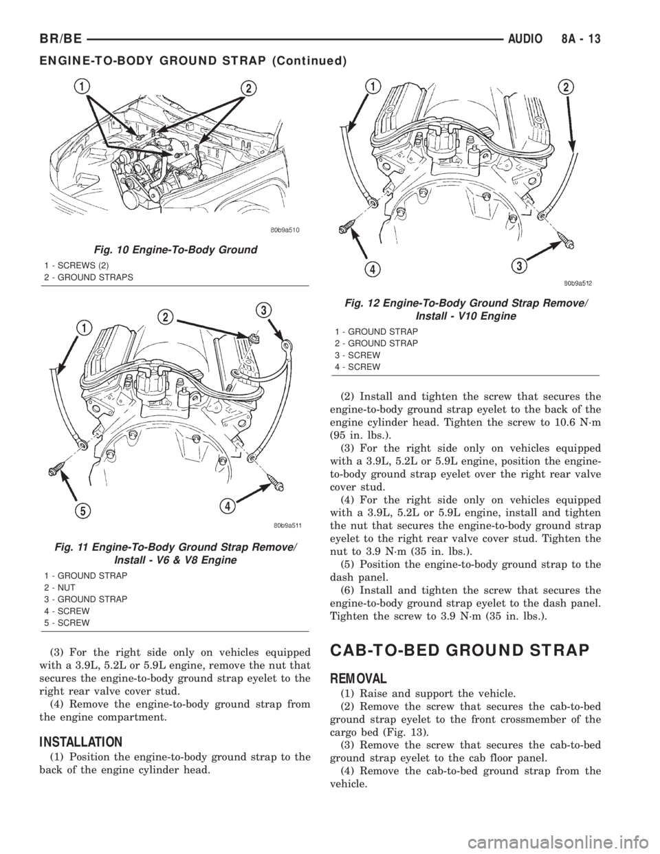 DODGE RAM 2002 Service Repair Manual (3) For the right side only on vehicles equipped
with a 3.9L, 5.2L or 5.9L engine, remove the nut that
secures the engine-to-body ground strap eyelet to the
right rear valve cover stud.
(4) Remove the DODGE RAM 2002 Service Repair Manual (3) For the right side only on vehicles equipped
with a 3.9L, 5.2L or 5.9L engine, remove the nut that
secures the engine-to-body ground strap eyelet to the
right rear valve cover stud.
(4) Remove the