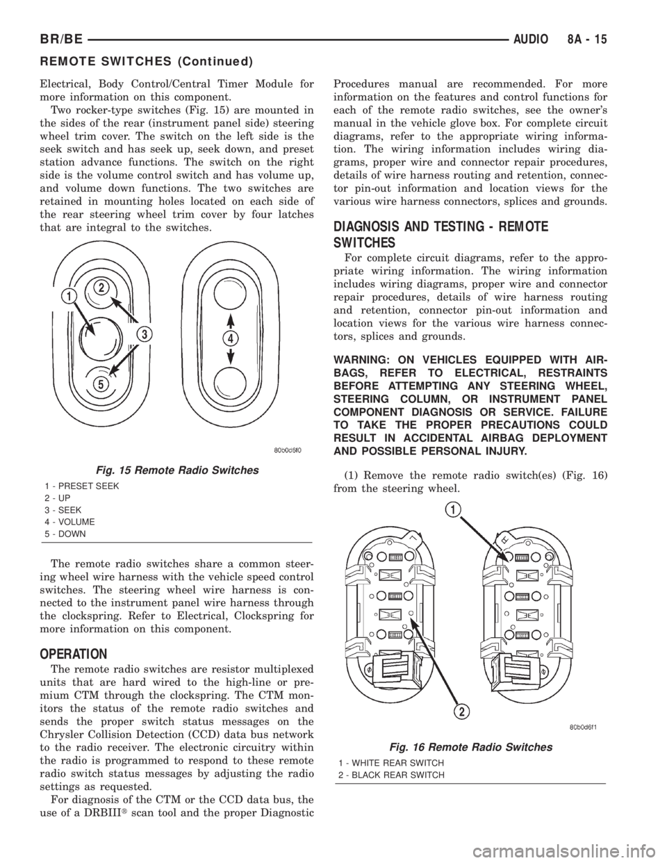 DODGE RAM 2002 Service Repair Manual Electrical, Body Control/Central Timer Module for
more information on this component.
Two rocker-type switches (Fig. 15) are mounted in
the sides of the rear (instrument panel side) steering
wheel tri DODGE RAM 2002 Service Repair Manual Electrical, Body Control/Central Timer Module for
more information on this component.
Two rocker-type switches (Fig. 15) are mounted in
the sides of the rear (instrument panel side) steering
wheel tri