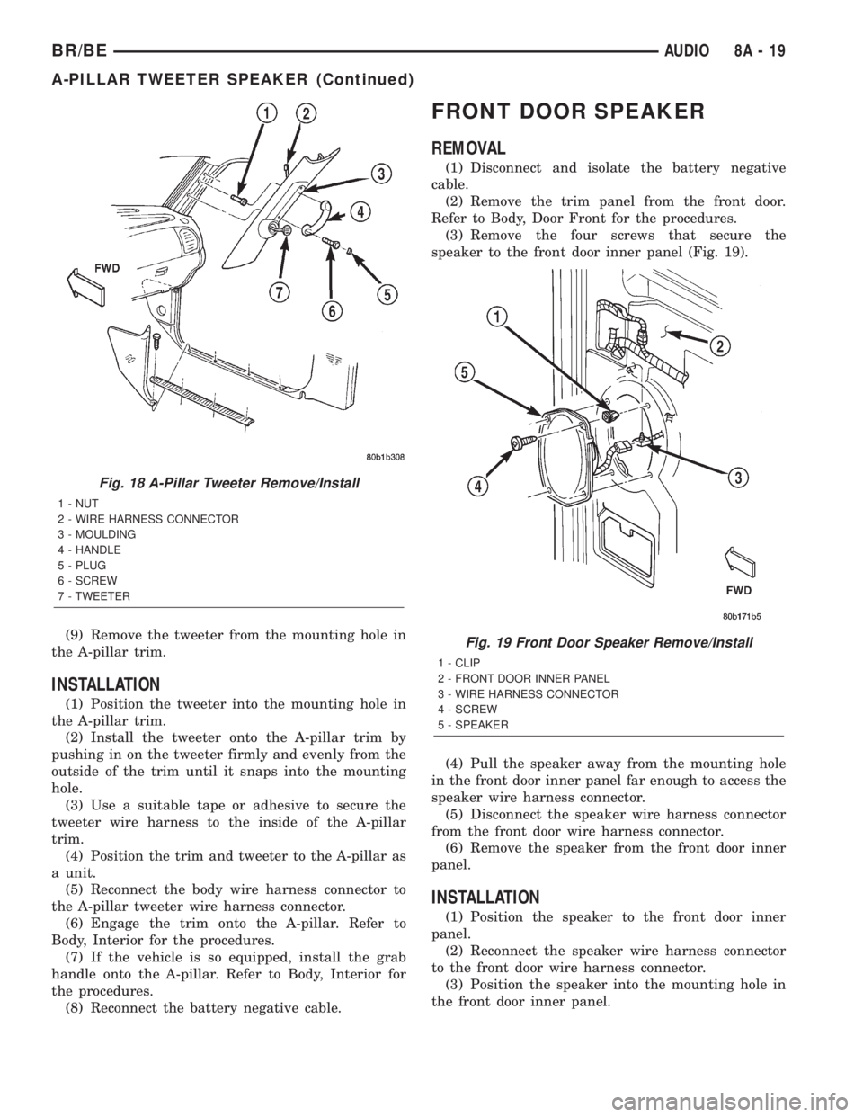DODGE RAM 2002 Service Repair Manual (9) Remove the tweeter from the mounting hole in
the A-pillar trim.
INSTALLATION
(1) Position the tweeter into the mounting hole in
the A-pillar trim.
(2) Install the tweeter onto the A-pillar trim by DODGE RAM 2002 Service Repair Manual (9) Remove the tweeter from the mounting hole in
the A-pillar trim.
INSTALLATION
(1) Position the tweeter into the mounting hole in
the A-pillar trim.
(2) Install the tweeter onto the A-pillar trim by