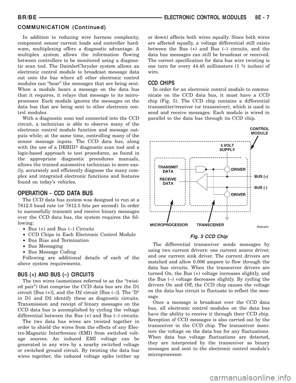 DODGE RAM 2002 Service Owners Manual In addition to reducing wire harness complexity,
component sensor current loads and controller hard-
ware, multiplexing offers a diagnostic advantage. A
multiplex system allows the information flowing DODGE RAM 2002 Service Owners Manual In addition to reducing wire harness complexity,
component sensor current loads and controller hard-
ware, multiplexing offers a diagnostic advantage. A
multiplex system allows the information flowing