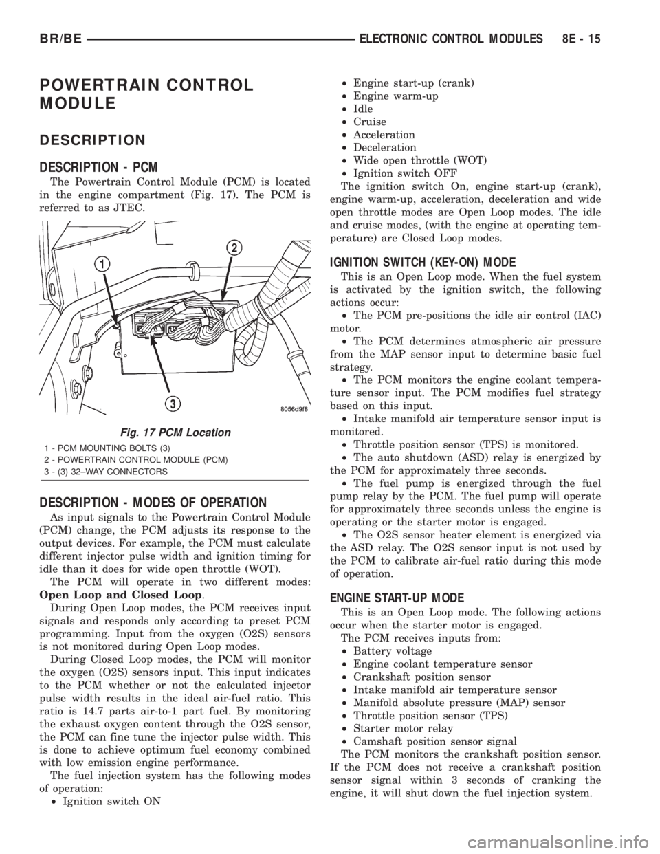 DODGE RAM 2002  Service Repair Manual POWERTRAIN CONTROL
MODULE
DESCRIPTION
DESCRIPTION - PCM
The Powertrain Control Module (PCM) is located
in the engine compartment (Fig. 17). The PCM is
referred to as JTEC.
DESCRIPTION - MODES OF OPERA