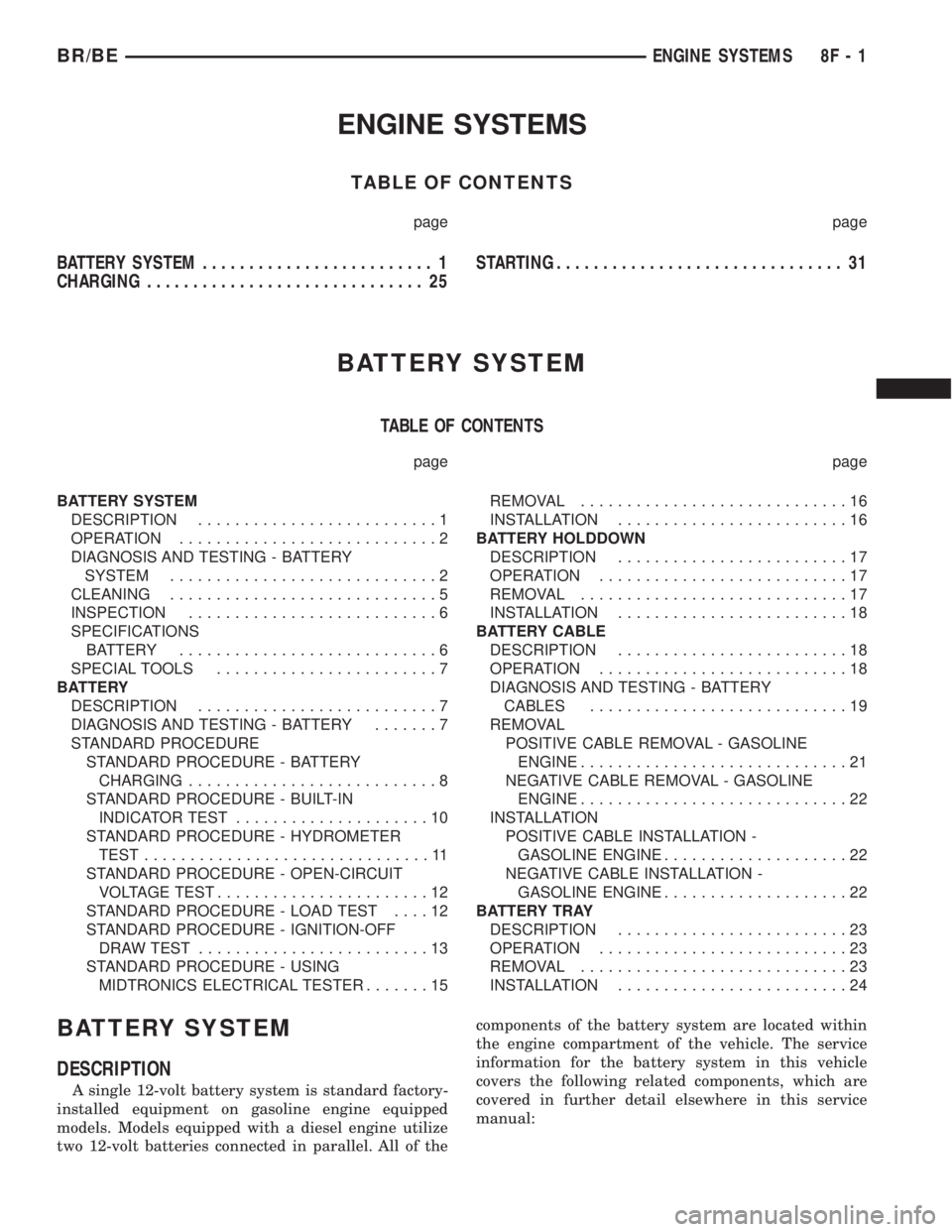 DODGE RAM 2002 Service Repair Manual ENGINE SYSTEMS
TABLE OF CONTENTS
page page
BATTERY SYSTEM......................... 1
CHARGING.............................. 25STARTING............................... 31
BATTERY SYSTEM
TABLE OF CONTENT DODGE RAM 2002 Service Repair Manual ENGINE SYSTEMS
TABLE OF CONTENTS
page page
BATTERY SYSTEM......................... 1
CHARGING.............................. 25STARTING............................... 31
BATTERY SYSTEM
TABLE OF CONTENT
