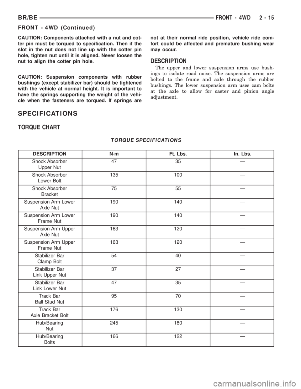 DODGE RAM 2002 Service Owners Guide CAUTION: Components attached with a nut and cot-
ter pin must be torqued to specification. Then if the
slot in the nut does not line up with the cotter pin
hole, tighten nut until it is aligned. Never DODGE RAM 2002 Service Owners Guide CAUTION: Components attached with a nut and cot-
ter pin must be torqued to specification. Then if the
slot in the nut does not line up with the cotter pin
hole, tighten nut until it is aligned. Never