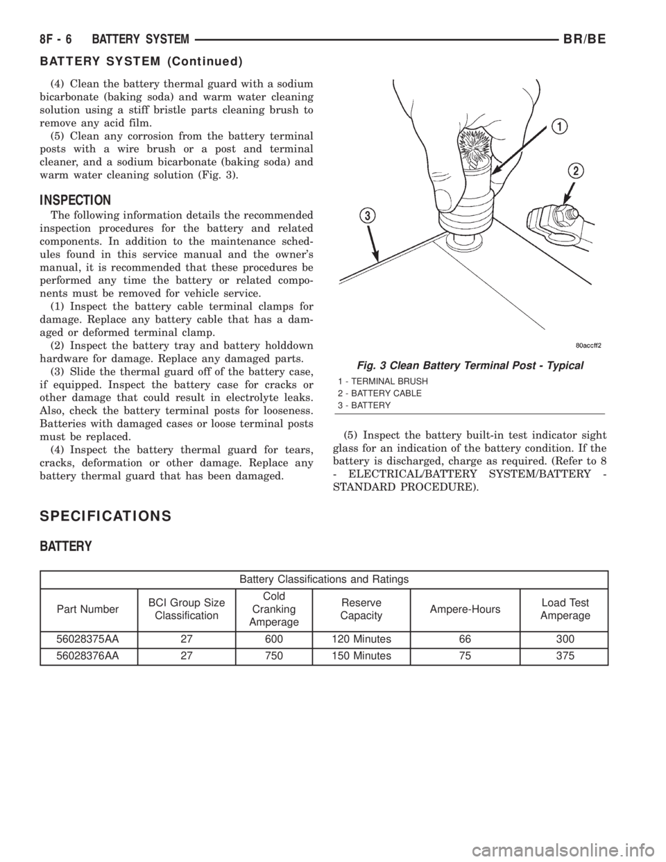 DODGE RAM 2002  Service Repair Manual (4) Clean the battery thermal guard with a sodium
bicarbonate (baking soda) and warm water cleaning
solution using a stiff bristle parts cleaning brush to
remove any acid film.
(5) Clean any corrosion