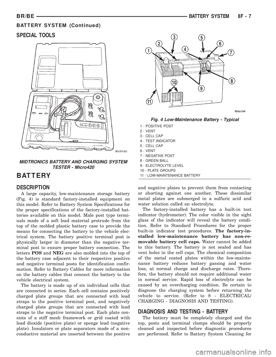 DODGE RAM 2002  Service Repair Manual SPECIAL TOOLS
BATTERY
DESCRIPTION
A large capacity, low-maintenance storage battery
(Fig. 4) is standard factory-installed equipment on
this model. Refer to Battery System Specifications for
the prope