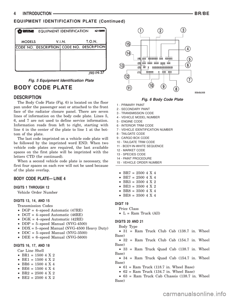 DODGE RAM 2002  Service Repair Manual BODY CODE PLATE
DESCRIPTION
The Body Code Plate (Fig. 6) is located on the floor
pan under the passenger seat or attached to the front
face of the radiator closure panel. There are seven
lines of info