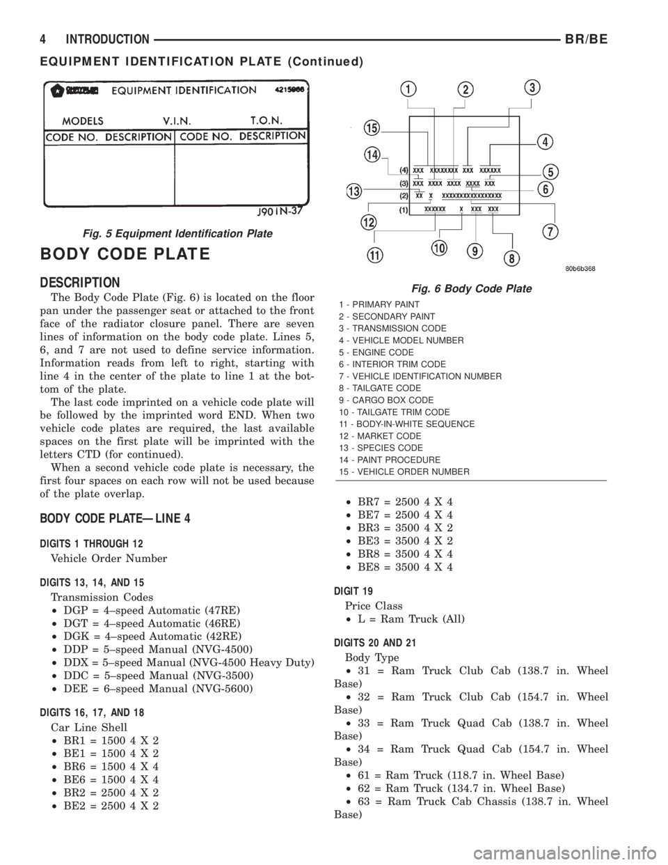 DODGE RAM 2002 Service Repair Manual BODY CODE PLATE
DESCRIPTION
The Body Code Plate (Fig. 6) is located on the floor
pan under the passenger seat or attached to the front
face of the radiator closure panel. There are seven
lines of info DODGE RAM 2002 Service Repair Manual BODY CODE PLATE
DESCRIPTION
The Body Code Plate (Fig. 6) is located on the floor
pan under the passenger seat or attached to the front
face of the radiator closure panel. There are seven
lines of info