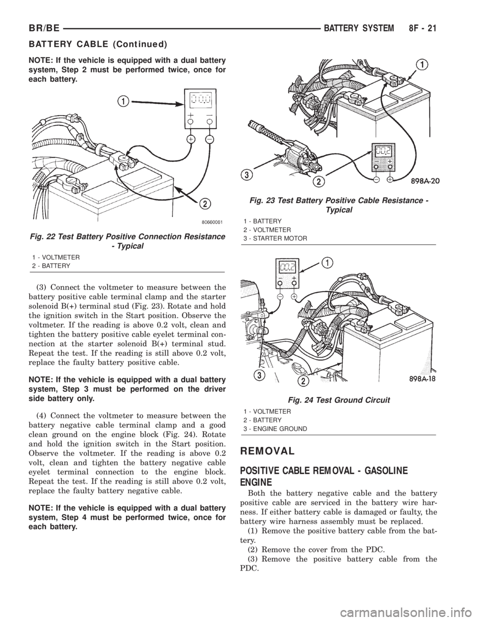 DODGE RAM 2002 Service Repair Manual NOTE: If the vehicle is equipped with a dual battery
system, Step 2 must be performed twice, once for
each battery.
(3) Connect the voltmeter to measure between the
battery positive cable terminal cla DODGE RAM 2002 Service Repair Manual NOTE: If the vehicle is equipped with a dual battery
system, Step 2 must be performed twice, once for
each battery.
(3) Connect the voltmeter to measure between the
battery positive cable terminal cla