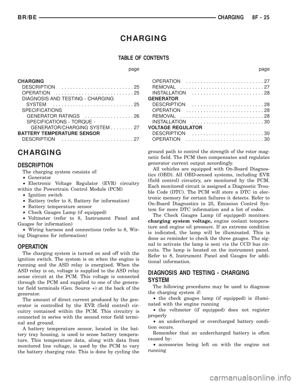 DODGE RAM 2002 Service Service Manual CHARGING
TABLE OF CONTENTS
page page
CHARGING
DESCRIPTION.........................25
OPERATION...........................25
DIAGNOSIS AND TESTING - CHARGING
SYSTEM............................25
SPECIF DODGE RAM 2002 Service Service Manual CHARGING
TABLE OF CONTENTS
page page
CHARGING
DESCRIPTION.........................25
OPERATION...........................25
DIAGNOSIS AND TESTING - CHARGING
SYSTEM............................25
SPECIF